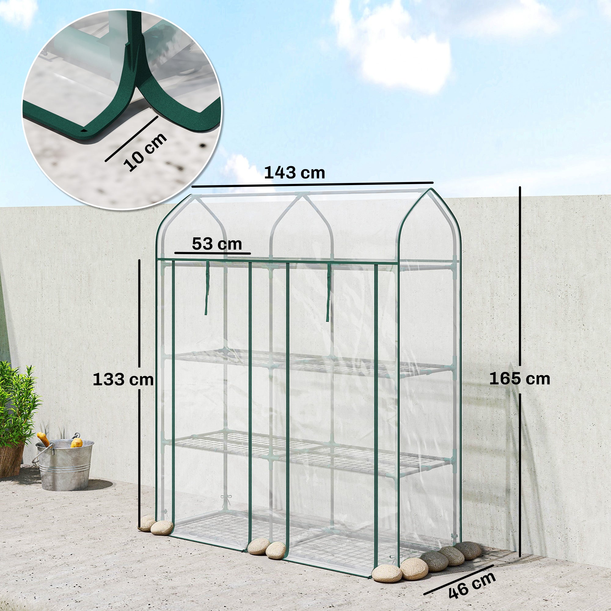Outsunny Invernadero Pequeño de 3 Niveles, Invernadero de Exterior con 2 Puertas Enrollables, Marco de Acero y Cubierta de Plástico Anti-UV para Cultivar Plantas, Flores, 143x46x165 cm, Transparente