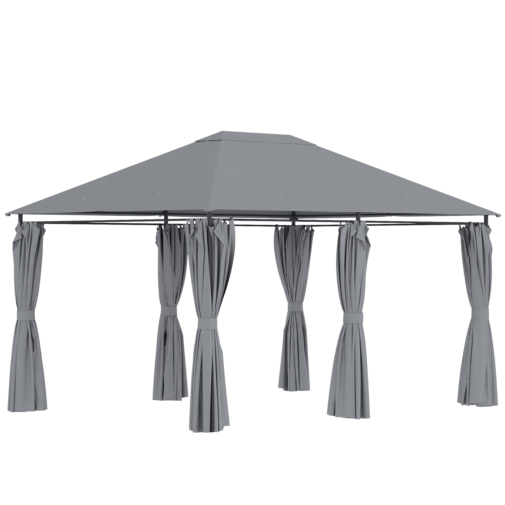 Outsunny Cenador de Jardín 4x3 m Pabellón de Exterior con 6 Paredes Laterales 8 Orificios de Drenaje y Marco de Acero Gazebo para Fiestas Patio Terraza Gris
