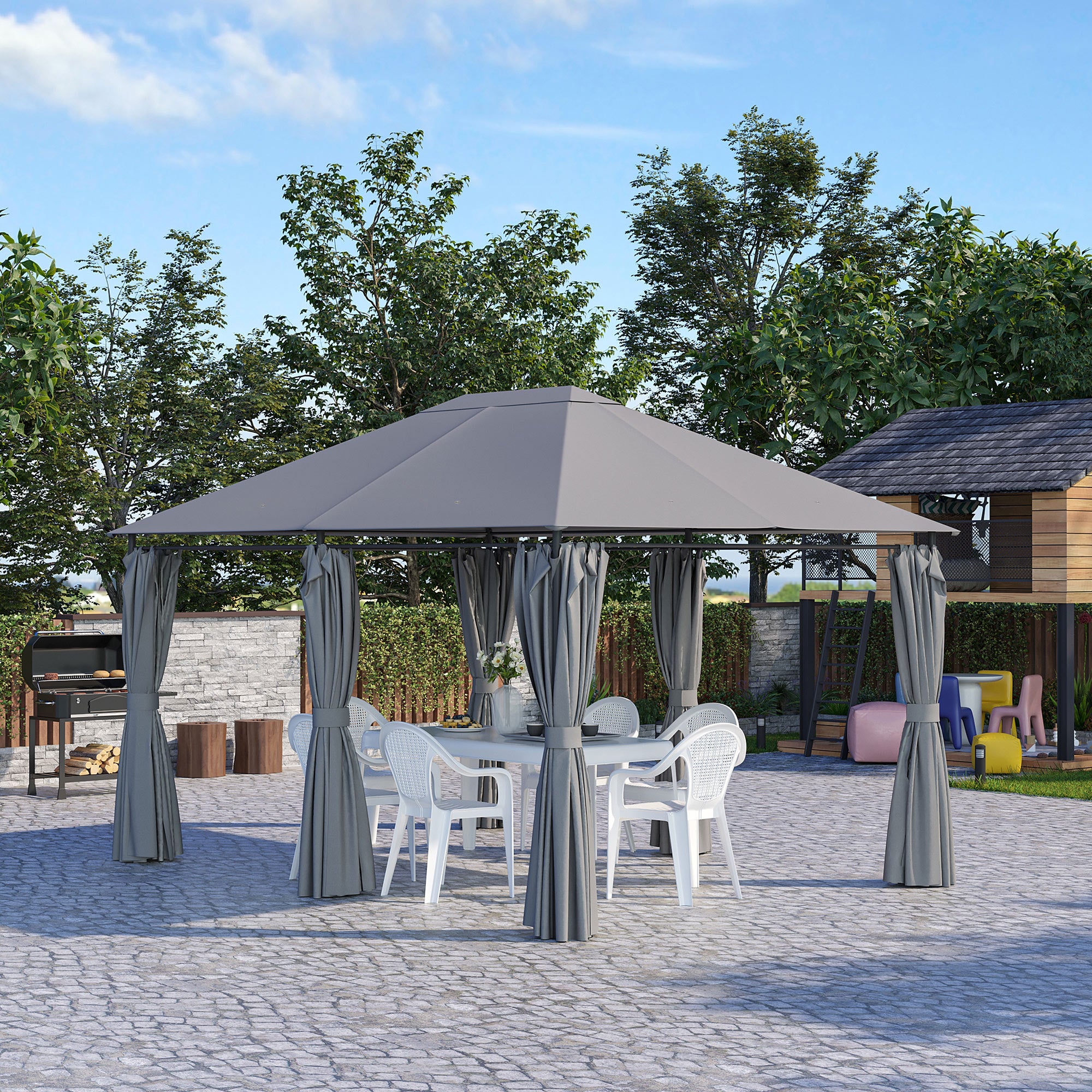 Outsunny Cenador de Jardín 4x3 m Pabellón de Exterior con 6 Paredes Laterales 8 Orificios de Drenaje y Marco de Acero Gazebo para Fiestas Patio Terraza Gris