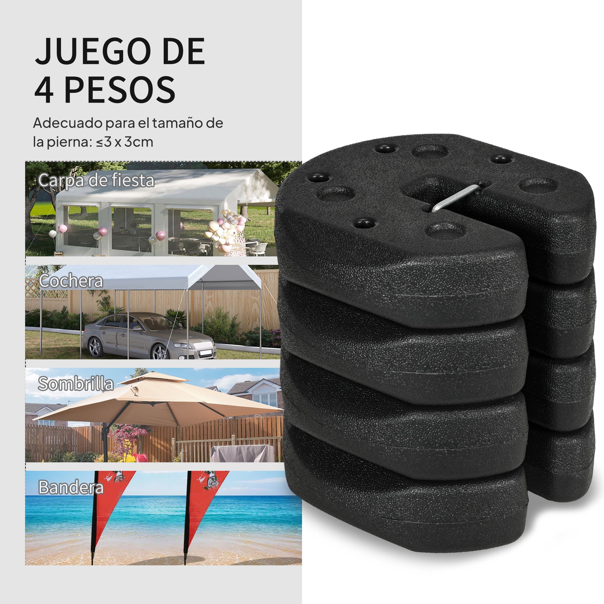 Outsunny Pack de 4 Pesos para Carpas Plegables Pesos para Cenador Rellenados con Cemento Bases para Toldo Pérgola Ø22x5,5 cm Negro