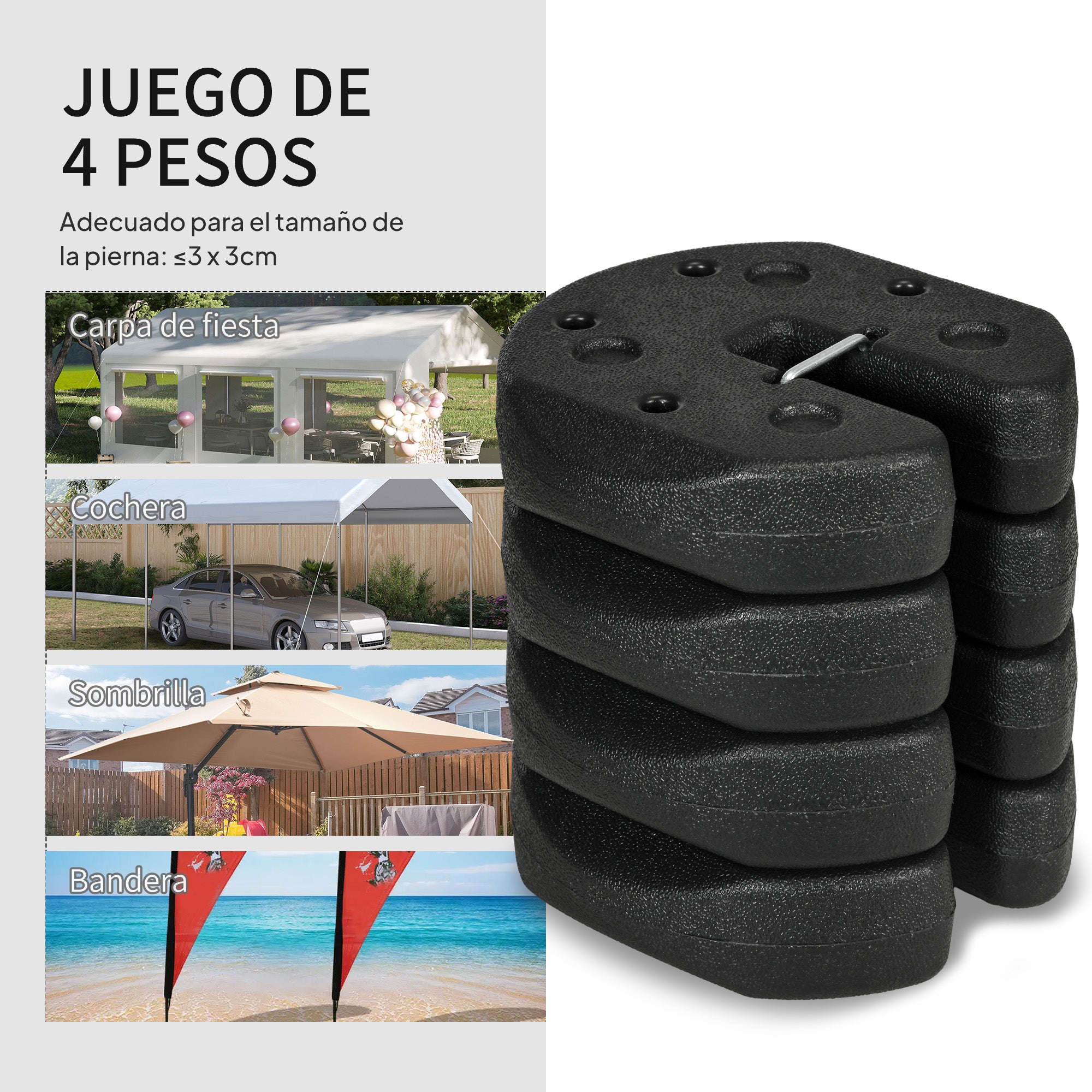 Outsunny Pack de 4 Pesos para Carpas Plegables Pesos para Cenador Rellenados con Cemento Bases para Toldo Pérgola Ø22x5,5 cm Negro
