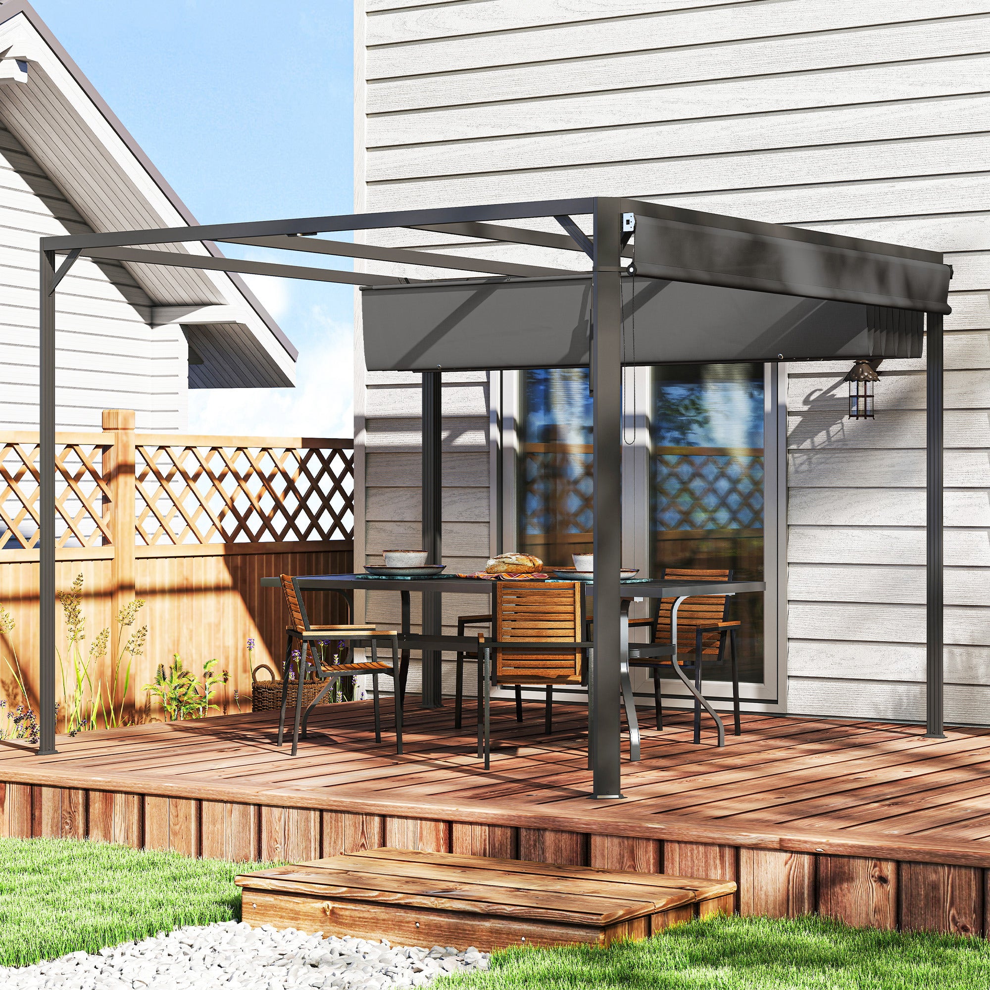Outsunny Pérgola de Jardín 3x3 m con Techo Retráctil y Pared Lateral Enrollable, Cenador de Jardín con Estructura de Aluminio, UPF30+, Pabellón para Exterior, Patio, Terraza, Gris Oscuro