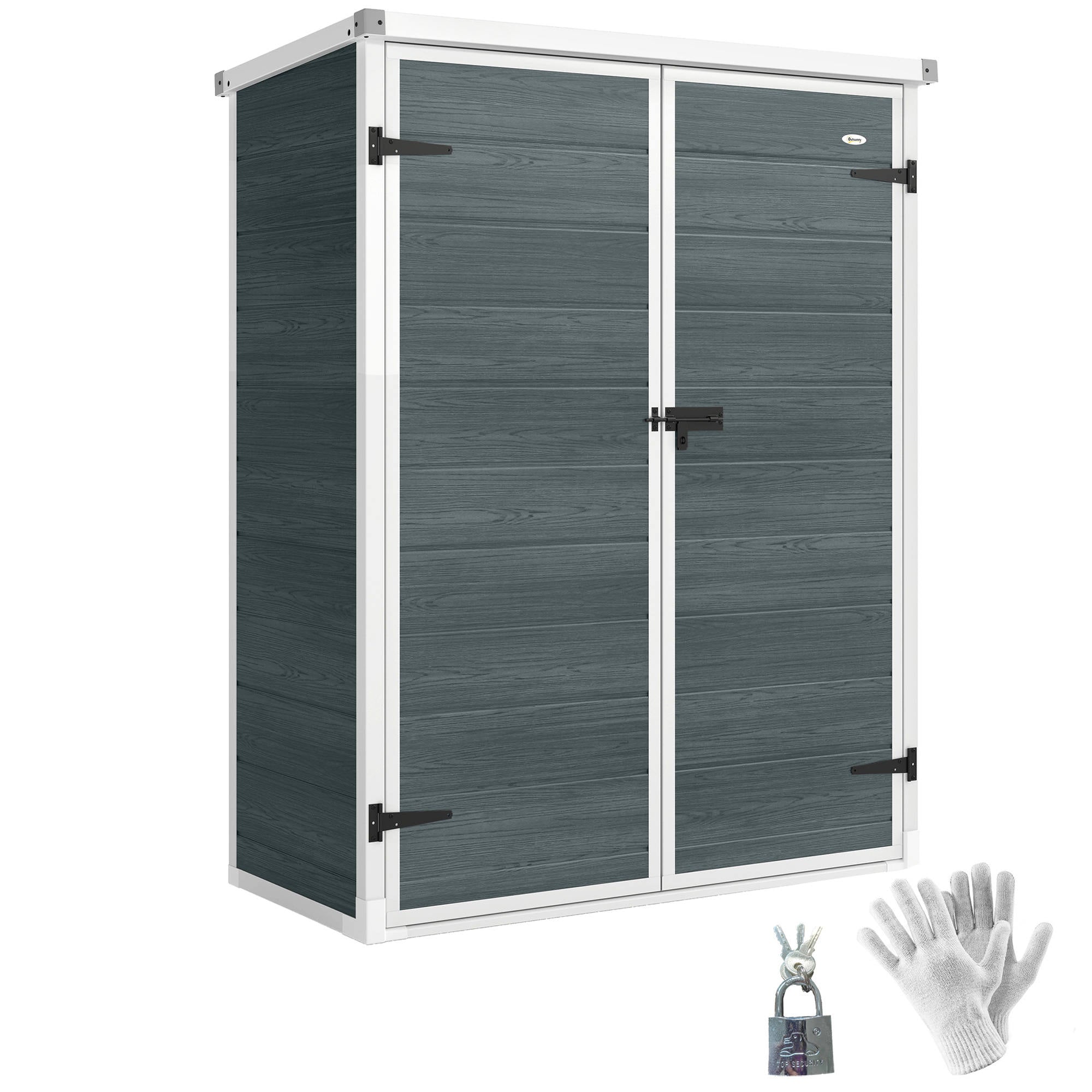 Outsunny Caseta de Jardín Exterior, 0,81 m², 134x68,5x170 cm, Cobertizo de Jardín Exterior de Plástico con Suelo, 2 Estantes Plegables, Puertas Dobles con Pestillo para Almacenaje Herramientas, Gris