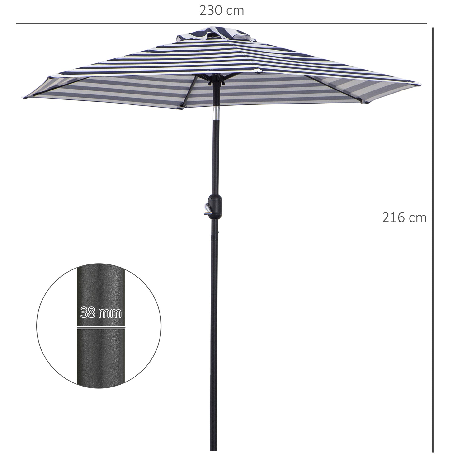Outsunny Sombrilla Terraza Exterior, Ø230x216 cm, Sombrilla de Jardín con Ángulo Ajustable y Manivela, Impermeable, Parasol para Patio, Terraza, Azul y Blanco