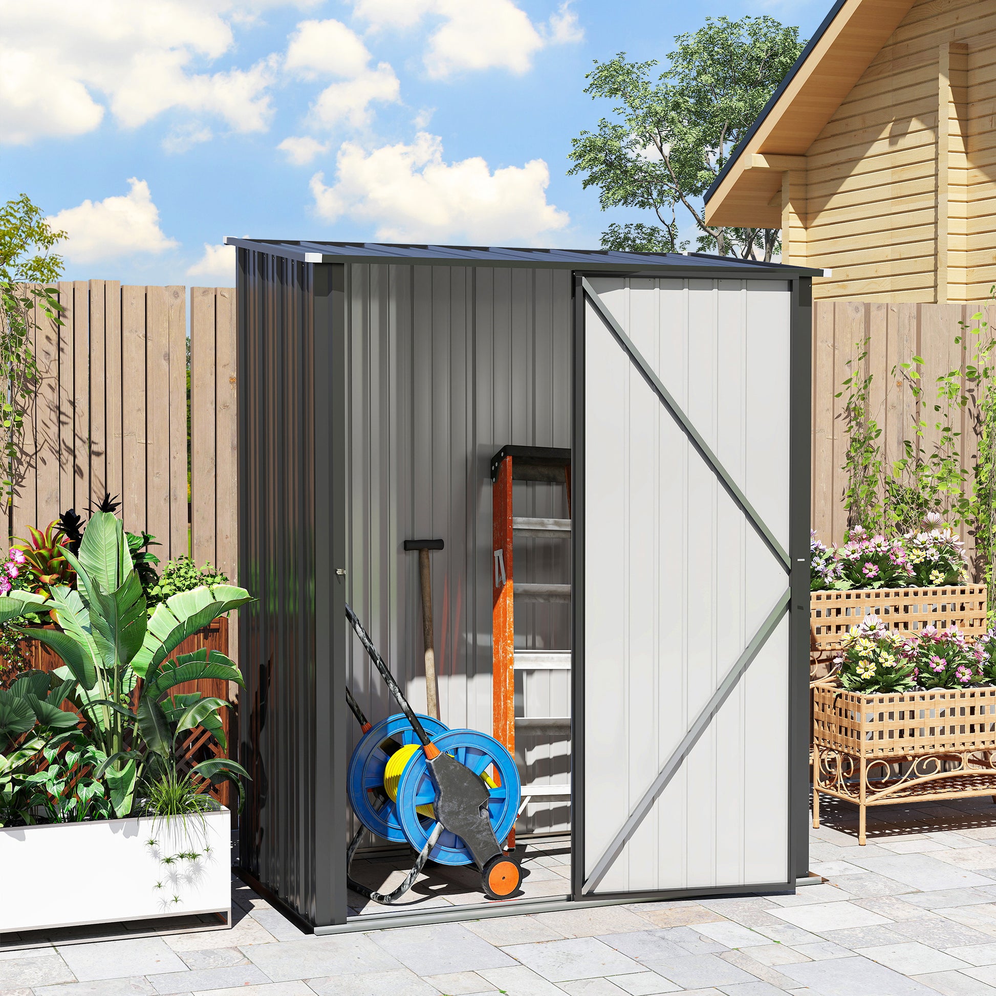 Outsunny Cobertizo de Jardín Exterior 1,34 m² 161,5x94,5x196 cm Caseta de Jardín Exterior Metálica con 1 Puerta y Cerradura para Almacenamiento de Herramientas para Patio Terraza Negro Carbón