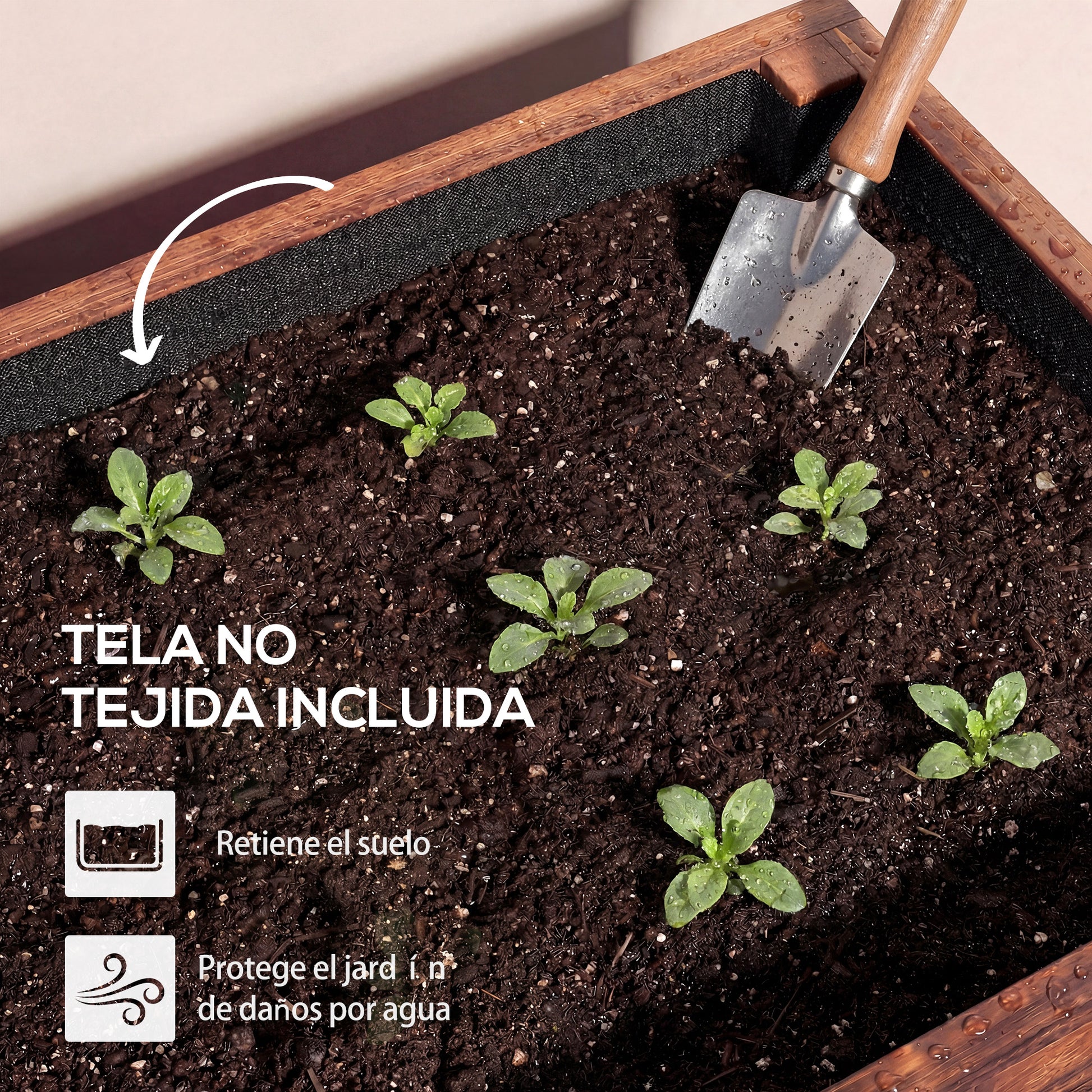 Outsunny Jardinera Exterior de Madera con Ruedas, Huerto Urbano Elevado con Orificio de Drenaje y Tela no Tejida, Macetero Exterior Rectangular para Jardín, Terraza, 60x30x41 cm, Marrón Oscuro