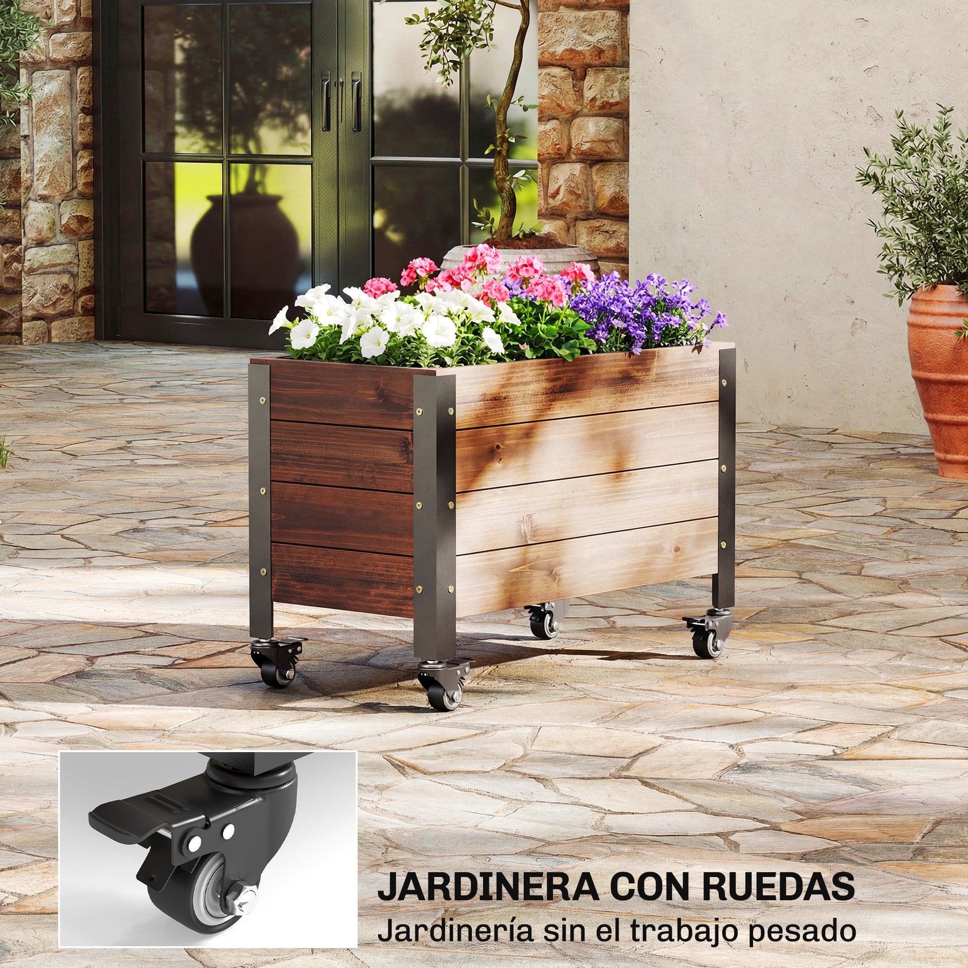 Outsunny Jardinera Exterior de Madera con Ruedas, Huerto Urbano Elevado con Orificio de Drenaje y Tela no Tejida, Macetero Exterior Rectangular para Jardín, Terraza, 60x30x41 cm, Marrón Oscuro