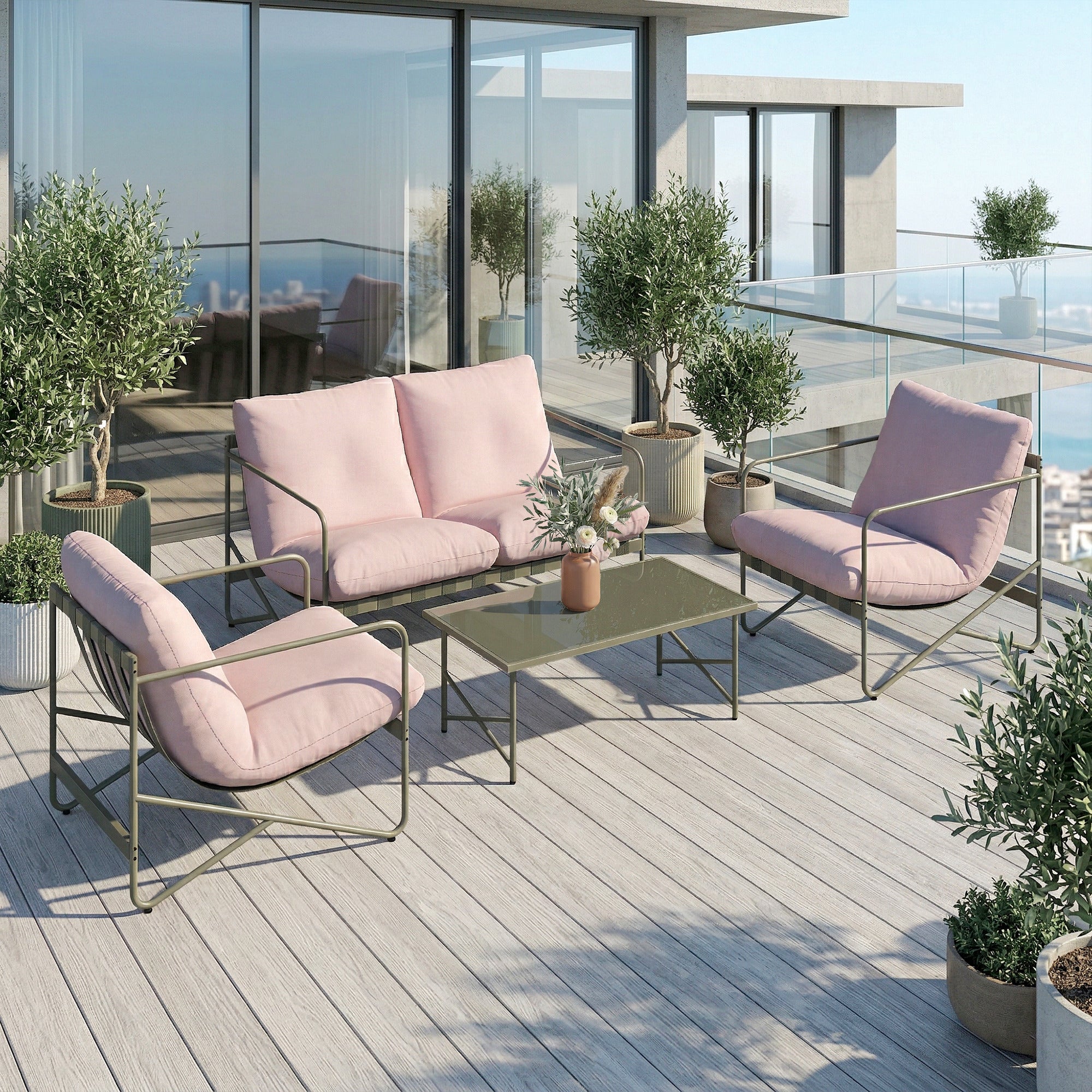 Outsunny Conjunto de Jardín Exterior de 4 Piezas, Muebles Jardín Exterior con Sofá de 2 Plazas, 2 Sillones, Mesa de Vidrio Templado, Cojines Gruesos, para Terraza, Rosa