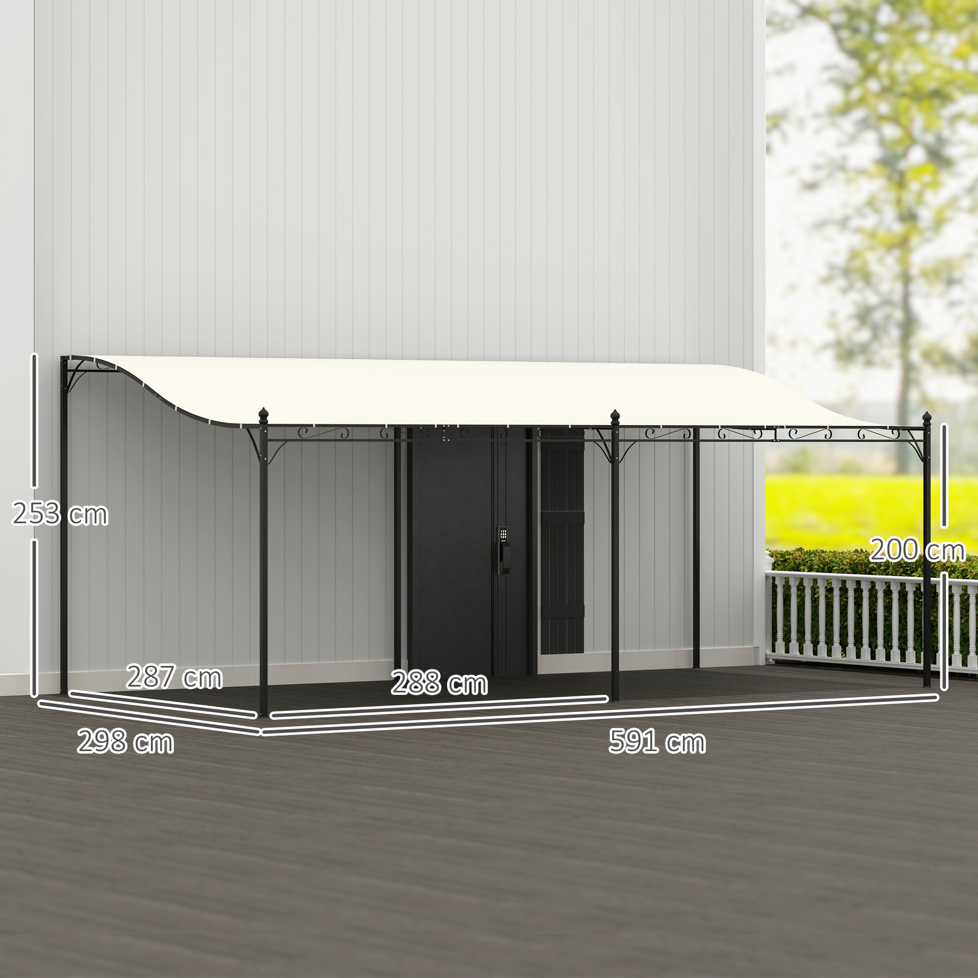 Outsunny Pérgola de Pared de Jardín 3x6 m, Cenador de Jardín con Techo Inclinado, Orificios de Drenaje y Estructura Metálica, Resistente a la Intemperie, para Patio, Terraza, Balcón, Blanco Crema