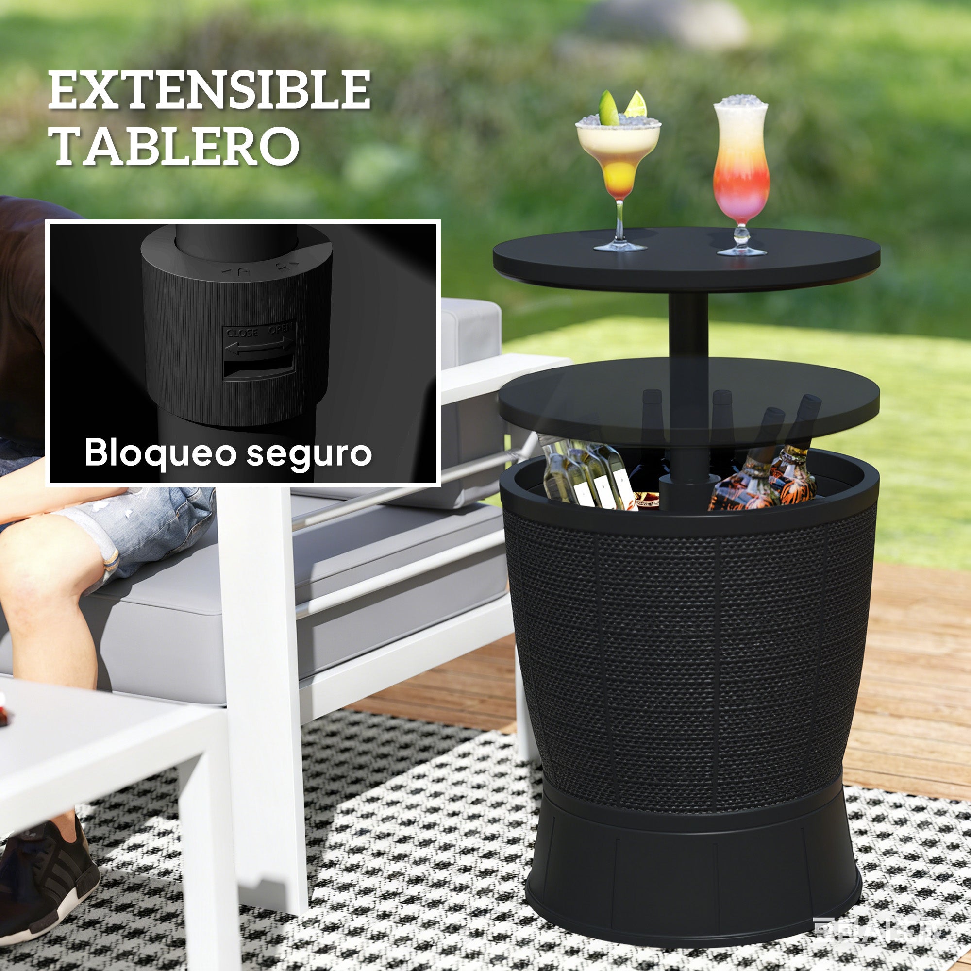 Outsunny Mesa Nevera para Exterior, 41 L, 3 en 1, Cool Bar, Mesa Auxiliar, Altura Ajustable 58-84 cm, con Cubo de Hielo, Tapa Superior Elevable, para Fiesta, Piscina, Jardín, Patio, Negro