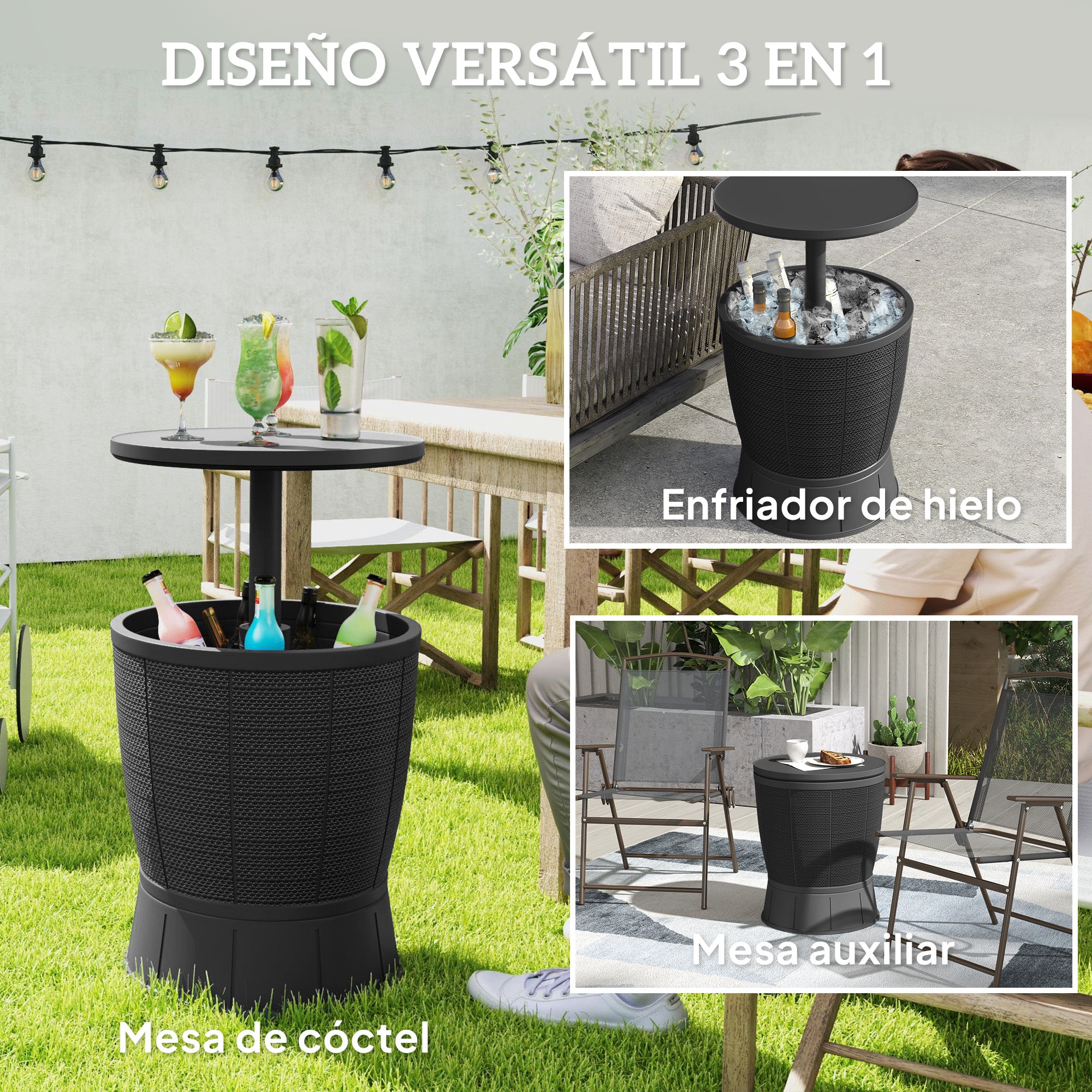 Outsunny Mesa Nevera para Exterior, 41 L, 3 en 1, Cool Bar, Mesa Auxiliar, Altura Ajustable 58-84 cm, con Cubo de Hielo, Tapa Superior Elevable, para Fiesta, Piscina, Jardín, Patio, Negro