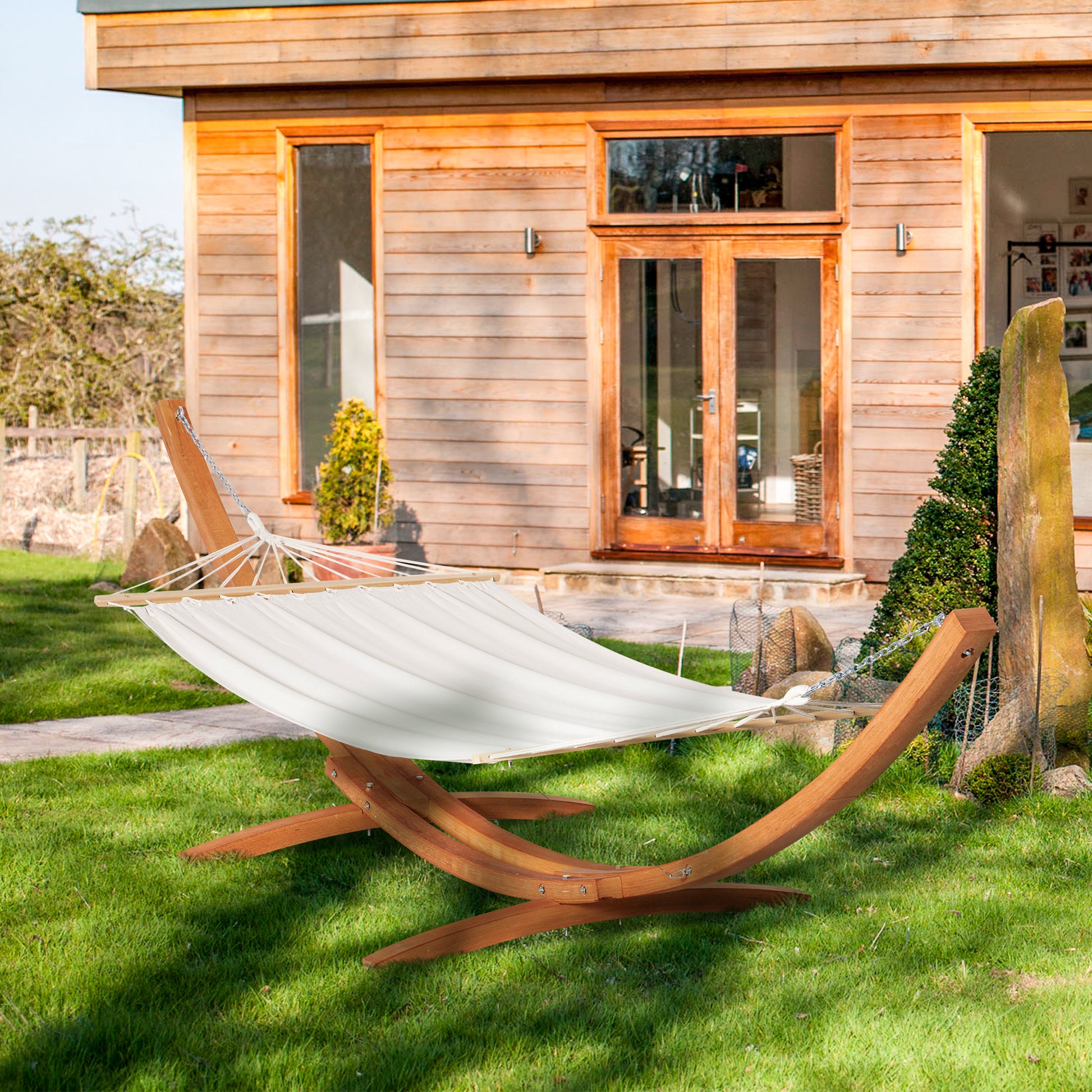 Outsunny Hamaca con Soporte de Madera Hamaca de Jardín Colgante con Marco y Tumbona de Algodón 200x120 cm para Terraza Balcón Carga 150 kg 392x120x110 cm Blanco y Natural