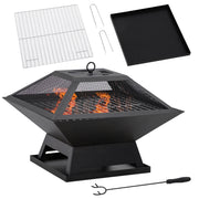 Outsunny Brasero Exterior de Acero Pozo de Fuego para Jardín Multifuncional con Protector de Chispas y Atizador para Barbacoa Hogueras en Terraza Camping 45x45x34 cm Negro