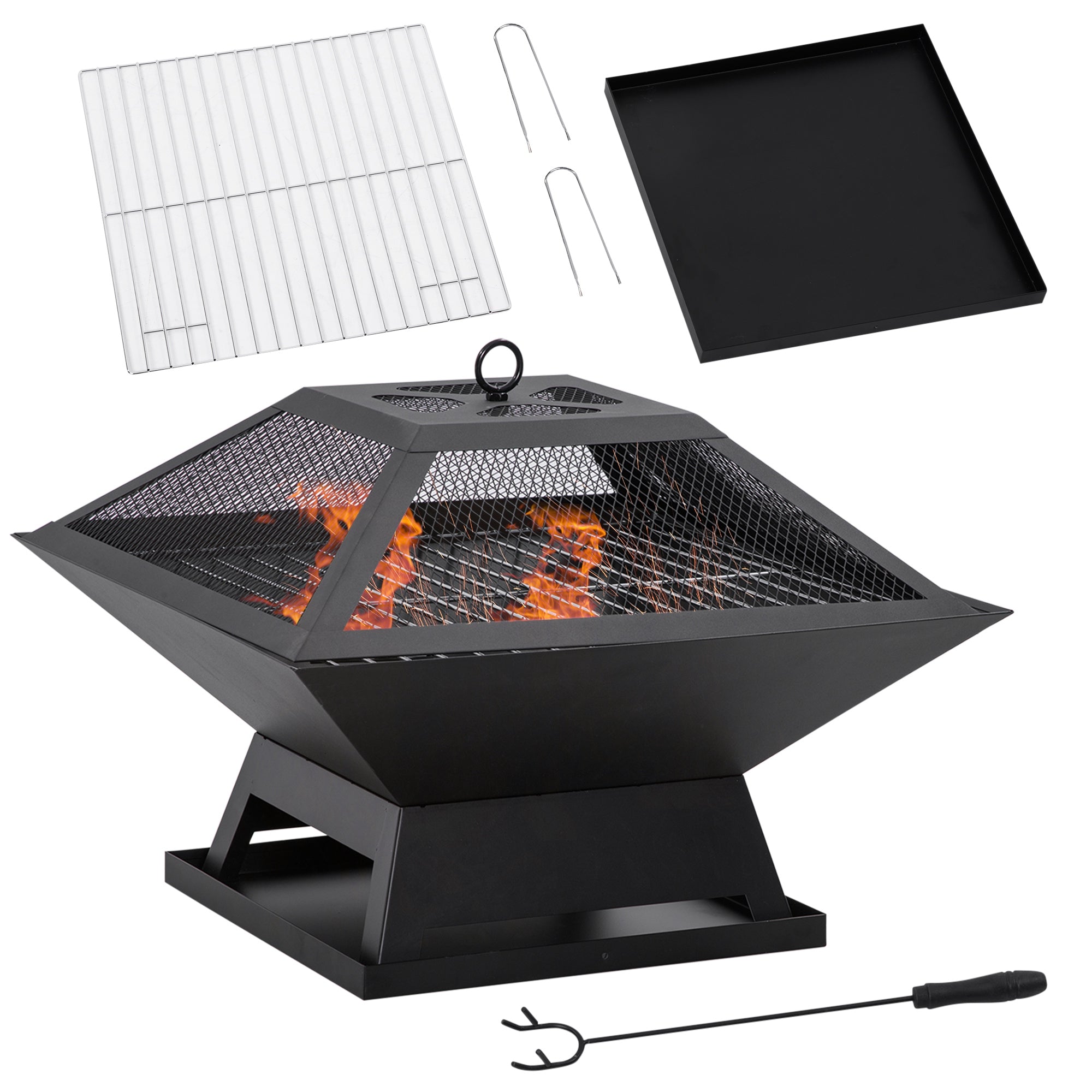 Outsunny Brasero Exterior de Acero Pozo de Fuego para Jardín Multifuncional con Protector de Chispas y Atizador para Barbacoa Hogueras en Terraza Camping 45x45x34 cm Negro
