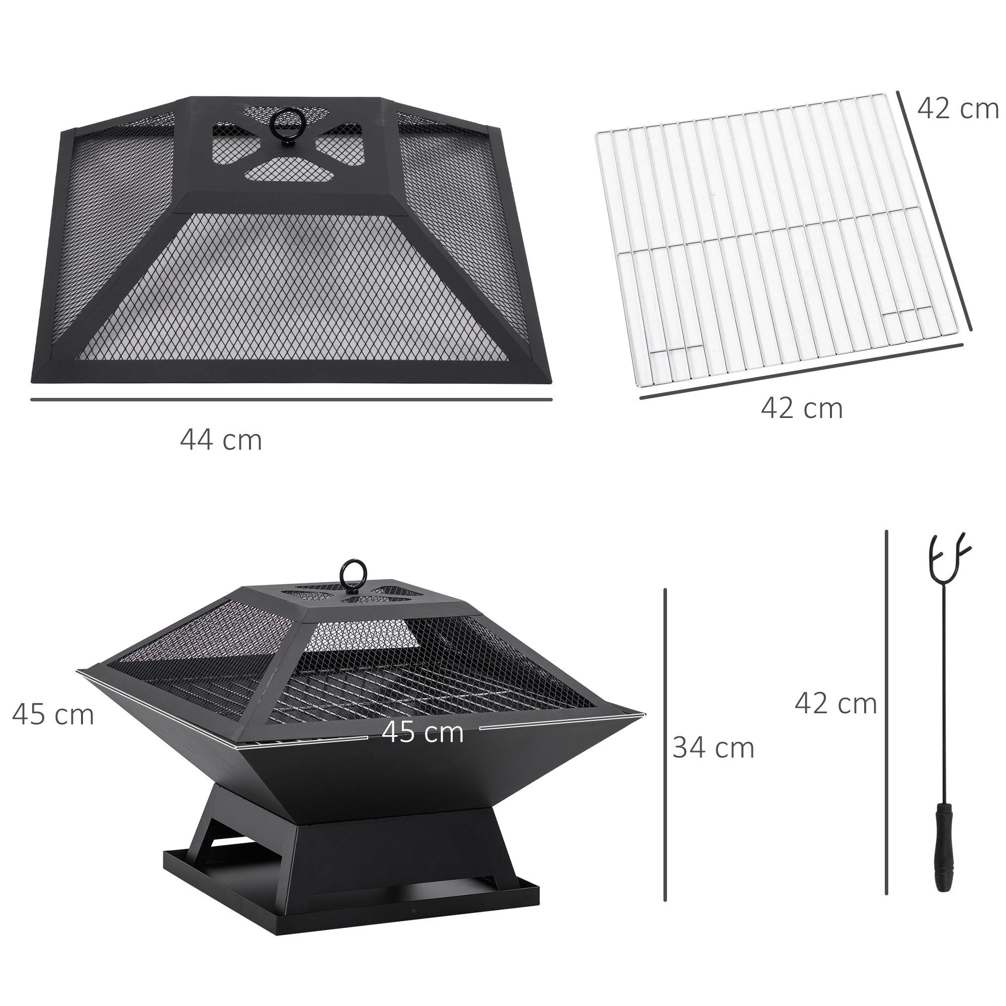 Outsunny Brasero Exterior de Acero Pozo de Fuego para Jardín Multifuncional con Protector de Chispas y Atizador para Barbacoa Hogueras en Terraza Camping 45x45x34 cm Negro