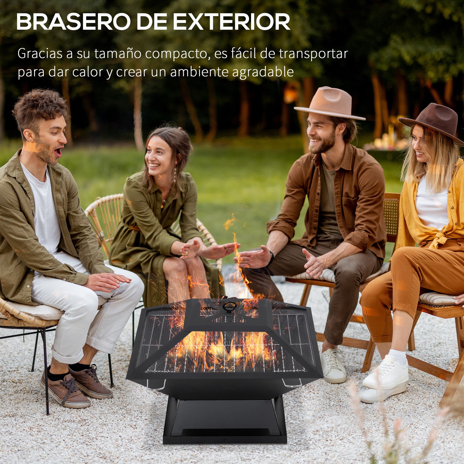 Outsunny Brasero Exterior de Acero Pozo de Fuego para Jardín Multifuncional con Protector de Chispas y Atizador para Barbacoa Hogueras en Terraza Camping 45x45x34 cm Negro