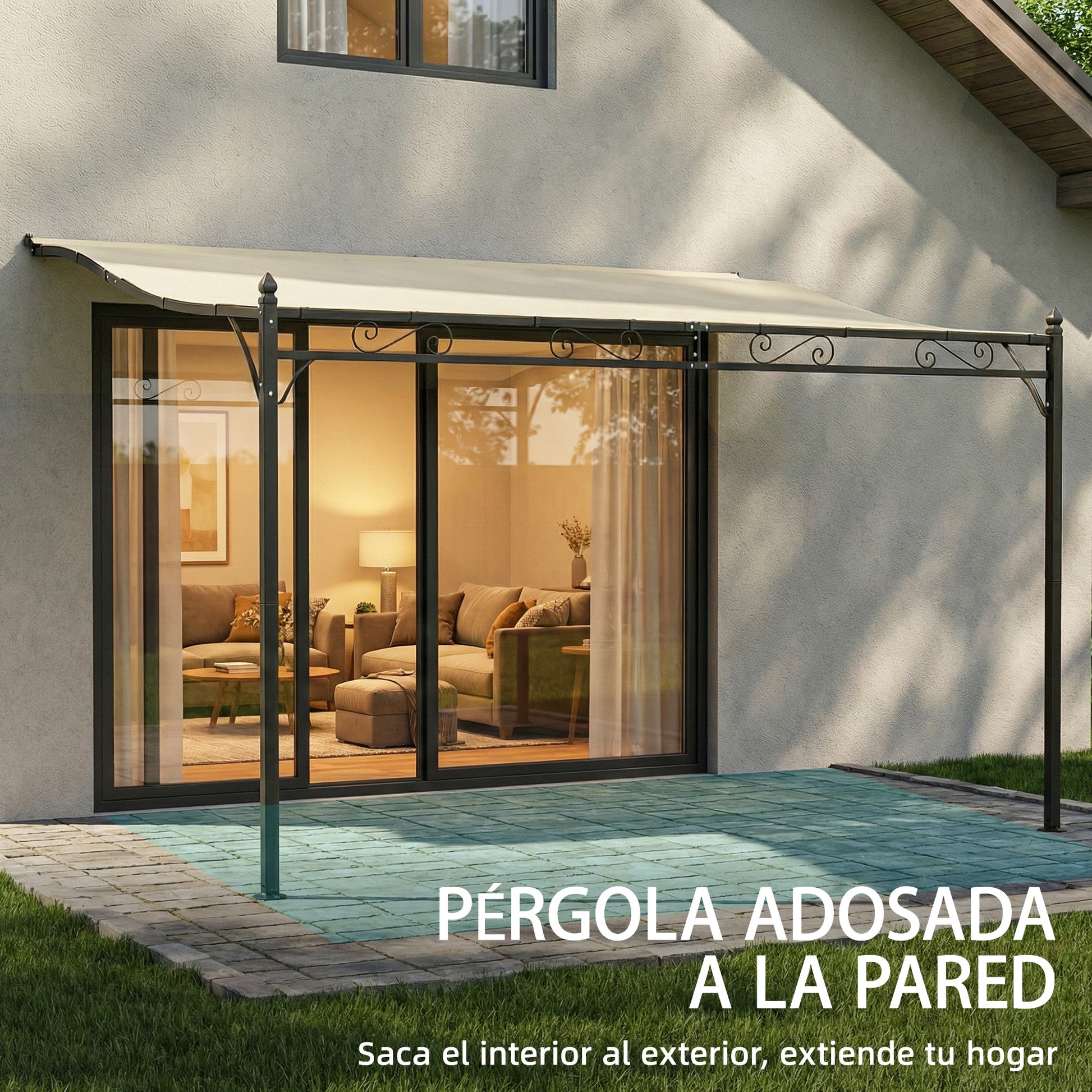 Outsunny Pérgola de Pared de Jardín 2,5x3,5 m, Cenador de Jardín con Techo Inclinado, Orificios de Drenaje y Estructura Metálica Resistente, UPF30, Gazebo para Patio, Terraza, Balcón, Blanco Crema