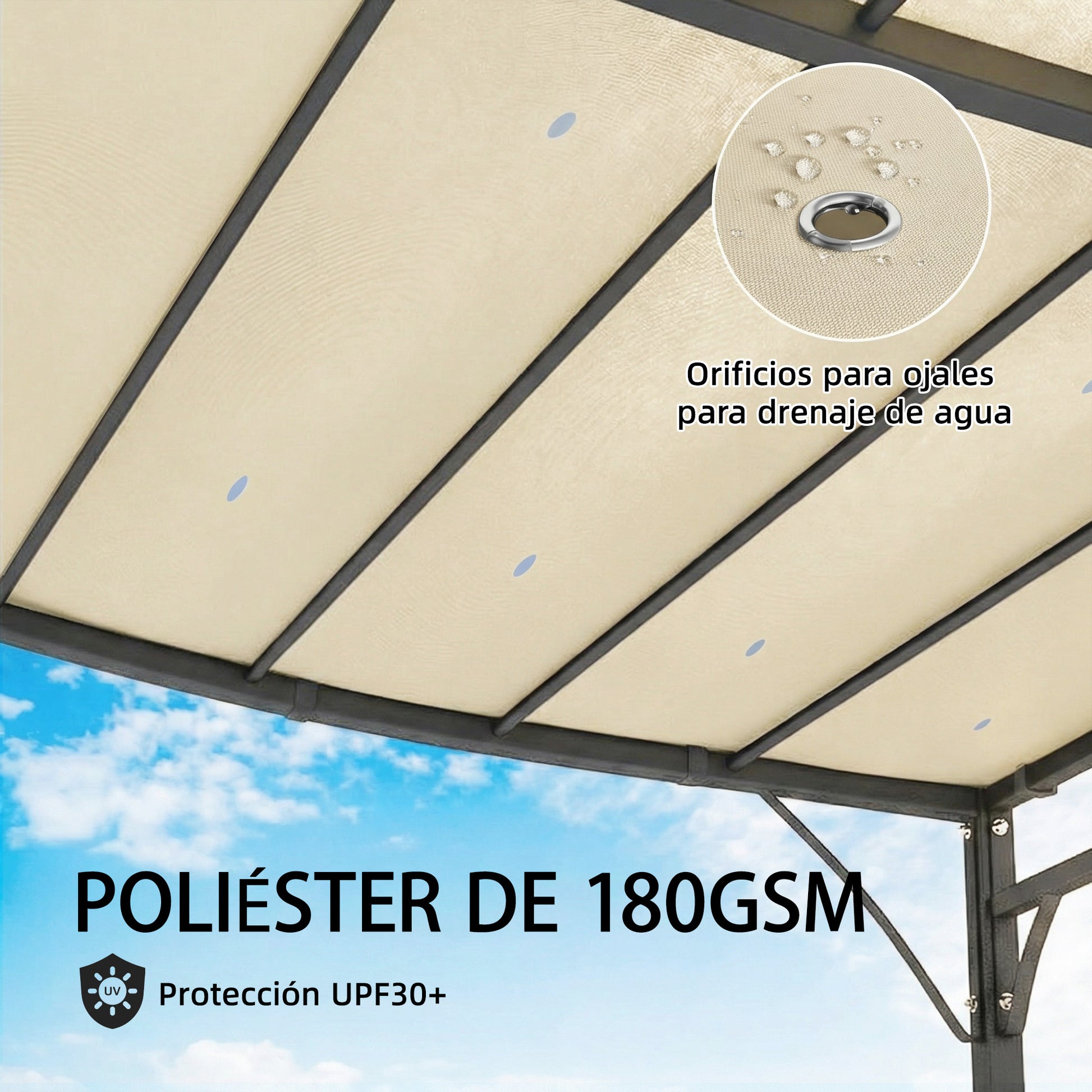 Outsunny Pérgola de Pared de Jardín 2,5x3,5 m, Cenador de Jardín con Techo Inclinado, Orificios de Drenaje y Estructura Metálica Resistente, UPF30, Gazebo para Patio, Terraza, Balcón, Blanco Crema
