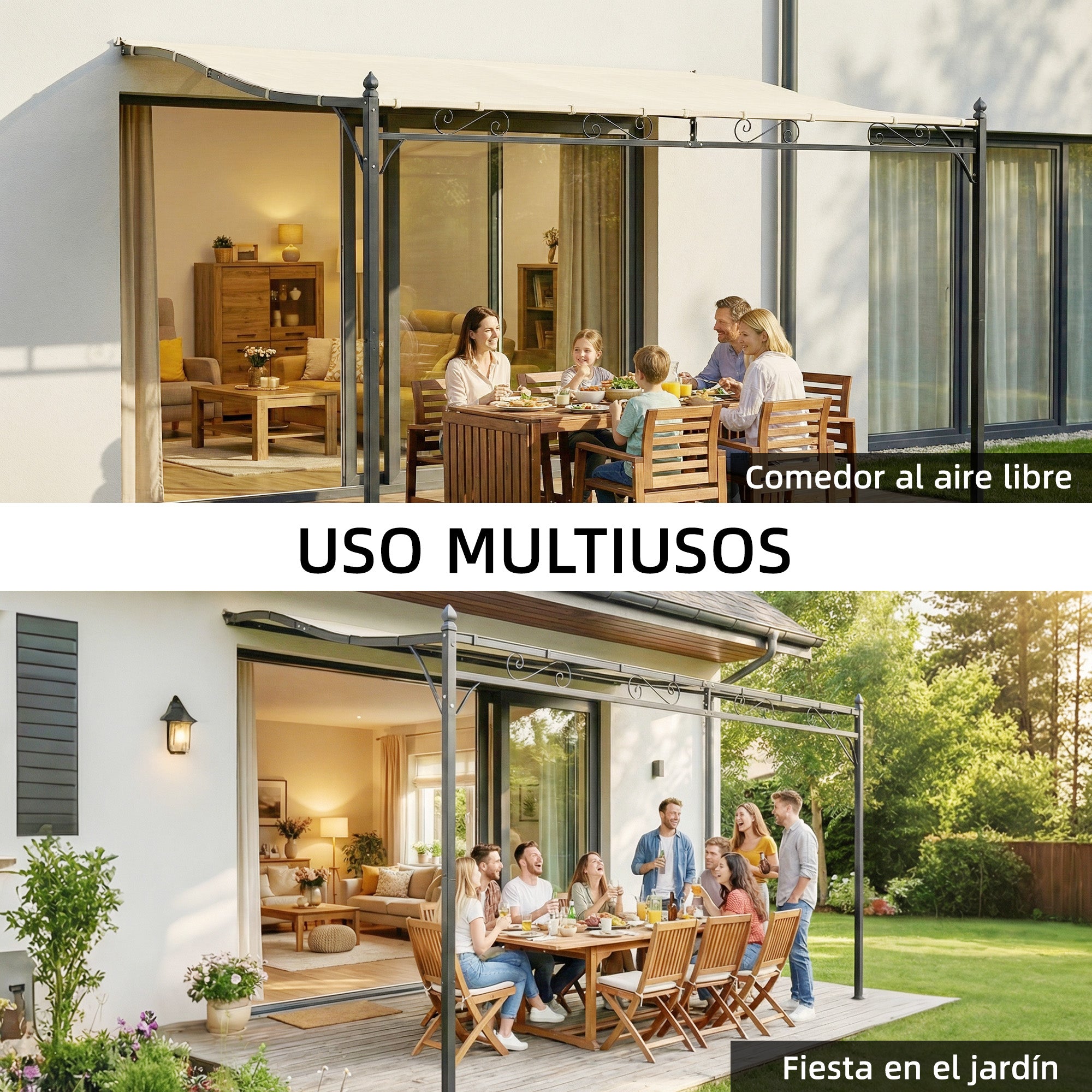 Outsunny Pérgola de Pared de Jardín 2,5x3,5 m, Cenador de Jardín con Techo Inclinado, Orificios de Drenaje y Estructura Metálica Resistente, UPF30, Gazebo para Patio, Terraza, Balcón, Blanco Crema