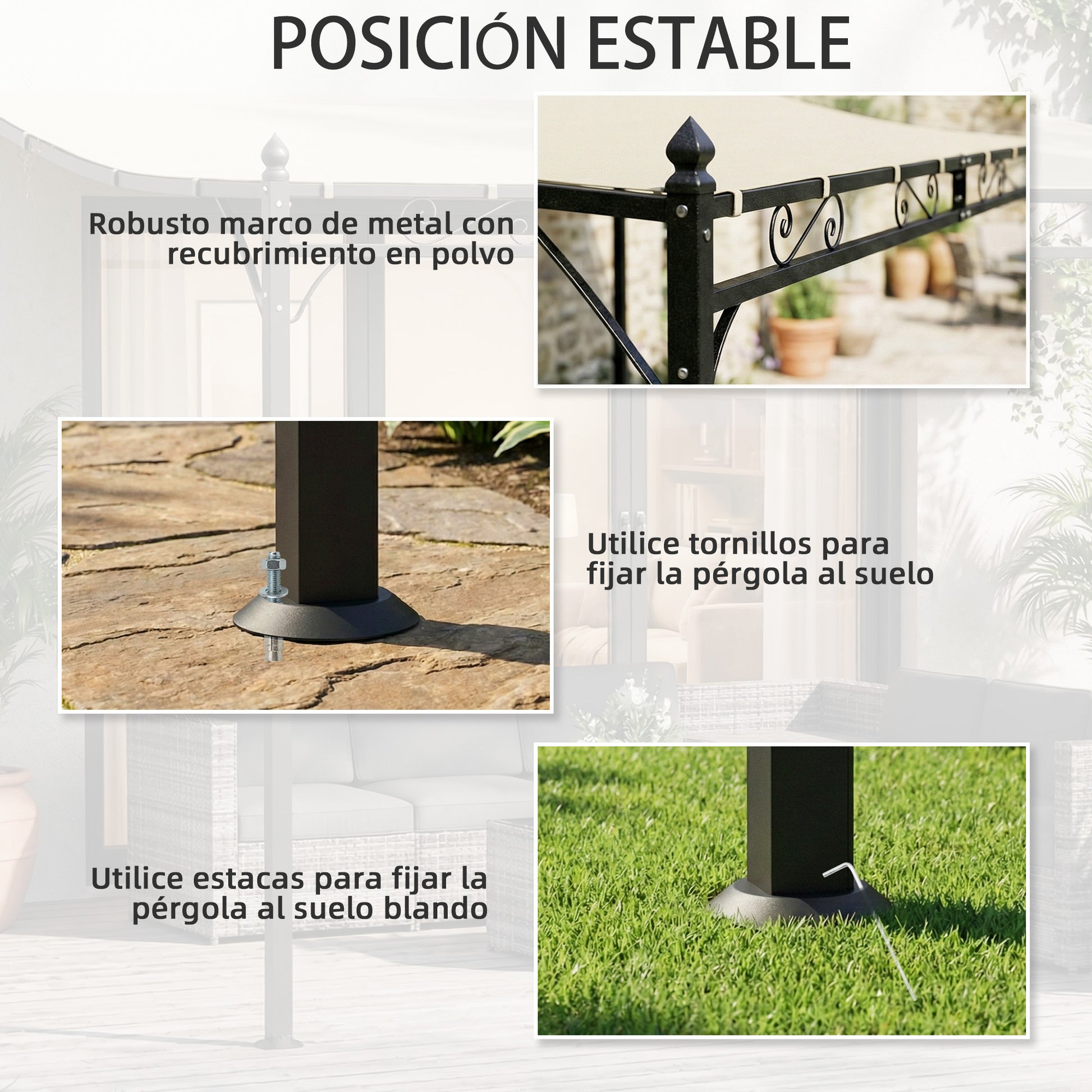 Outsunny Pérgola de Pared de Jardín 2,5x3,5 m, Cenador de Jardín con Techo Inclinado, Orificios de Drenaje y Estructura Metálica Resistente, UPF30, Gazebo para Patio, Terraza, Balcón, Blanco Crema