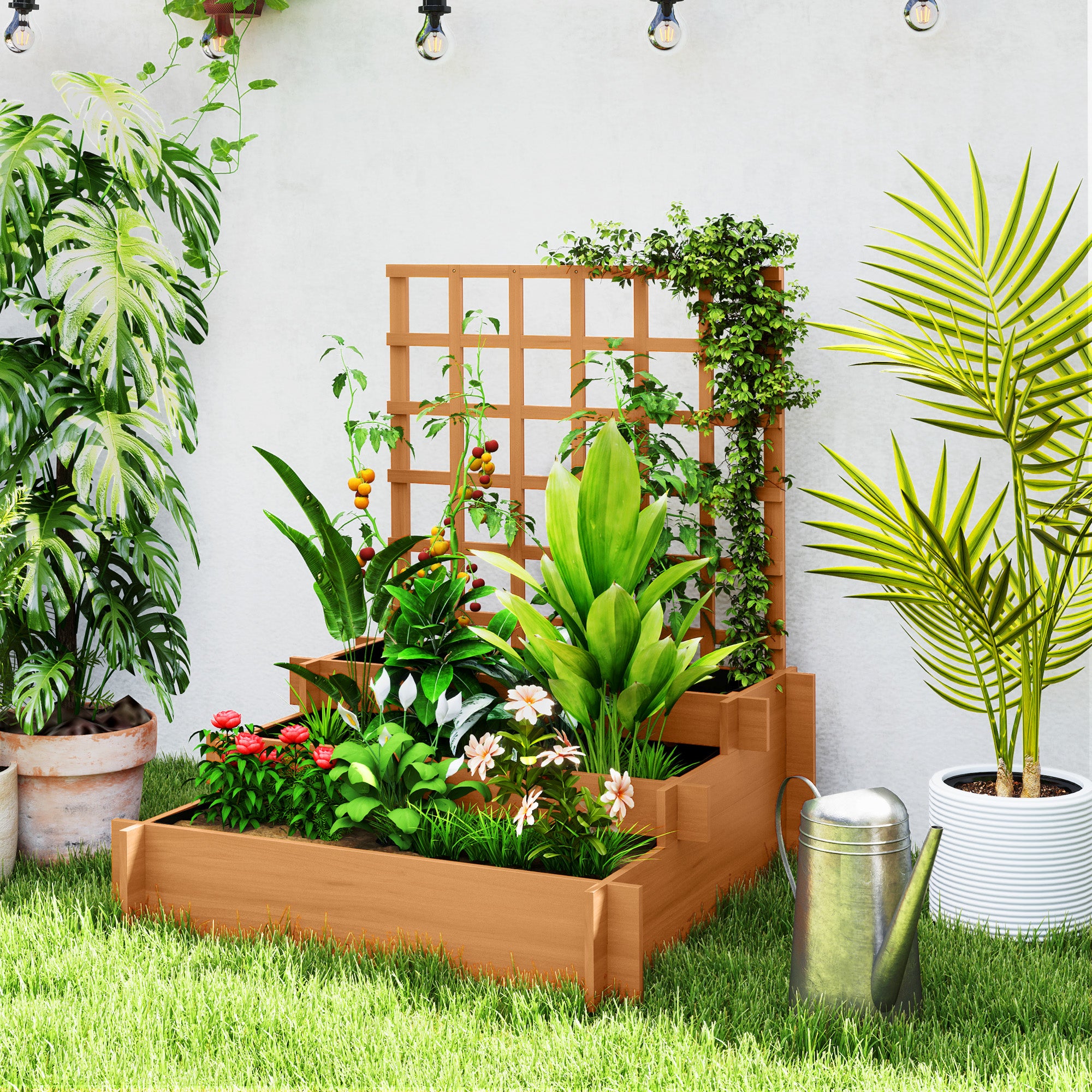 Outsunny Jardinera con Enrejado de 3 Niveles, Jardinera Exterior Grande de Madera para Plantas Trepadoras, con Tela no Tejida, Macetero Elevado para Jardín, Patio, Terraza, 95x95x110 cm, Marrón
