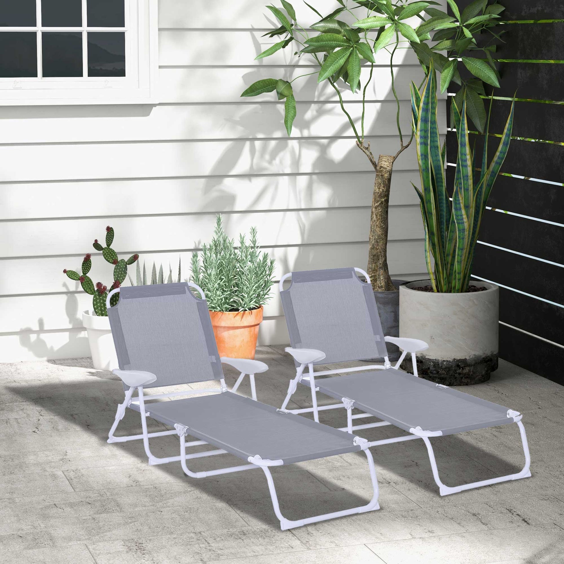 Outsunny Conjunto de 2 Tumbonas Plegables Tumbonas de Jardín con Respaldo Ajustable en 4 Niveles Carga 120 kg para Terraza Piscina 186x66x80 cm Gris