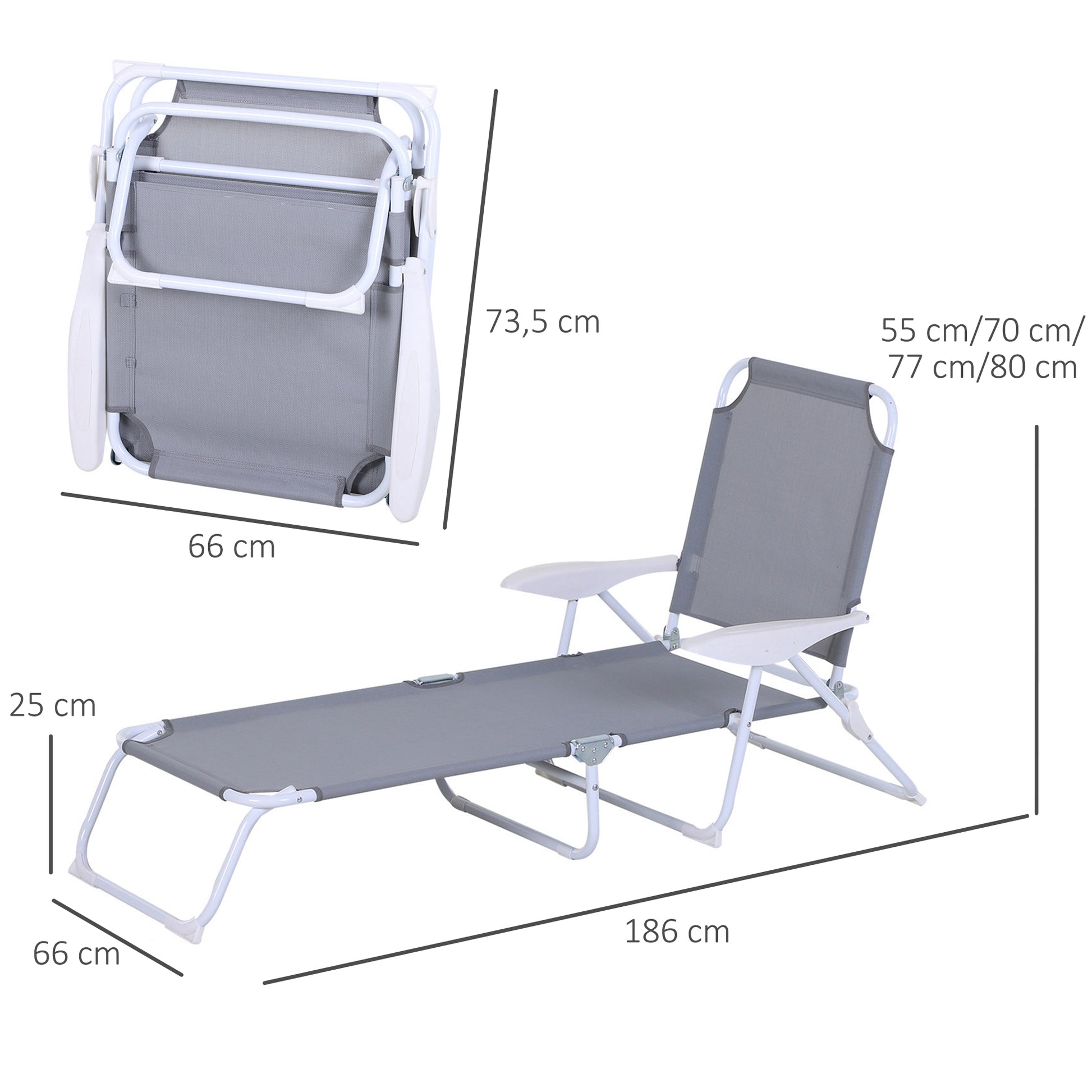 Outsunny Conjunto de 2 Tumbonas Plegables Tumbonas de Jardín con Respaldo Ajustable en 4 Niveles Carga 120 kg para Terraza Piscina 186x66x80 cm Gris