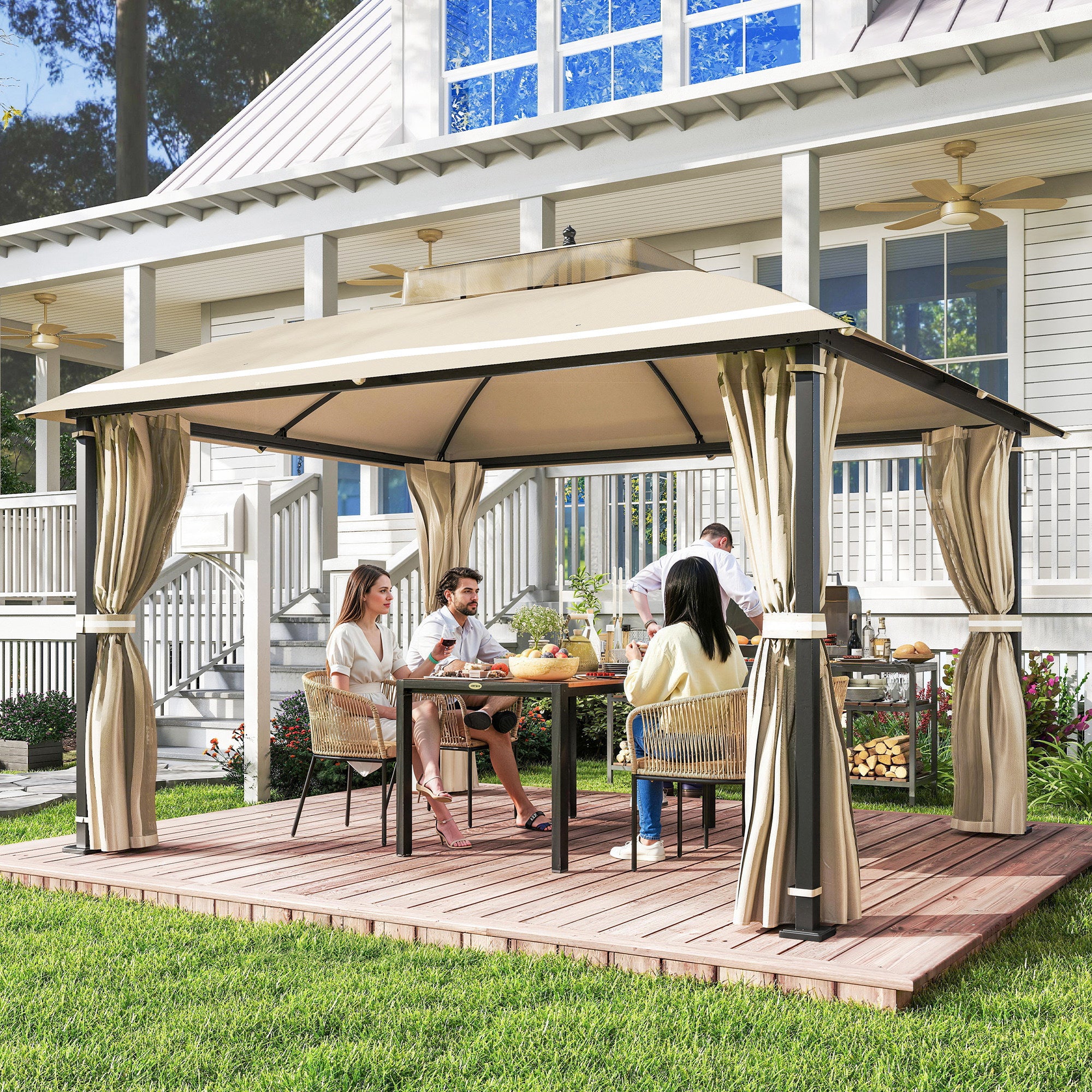 Outsunny Cenador para Jardín 3x3,7 m, Pabellón de Jardín Gazebo con Doble Techo, Paredes Laterales, Mosquiteras, Marco de Metal, Resistente al Agua, Anti-UV, Carpa para Exterior, Terraza, Patio, Beige