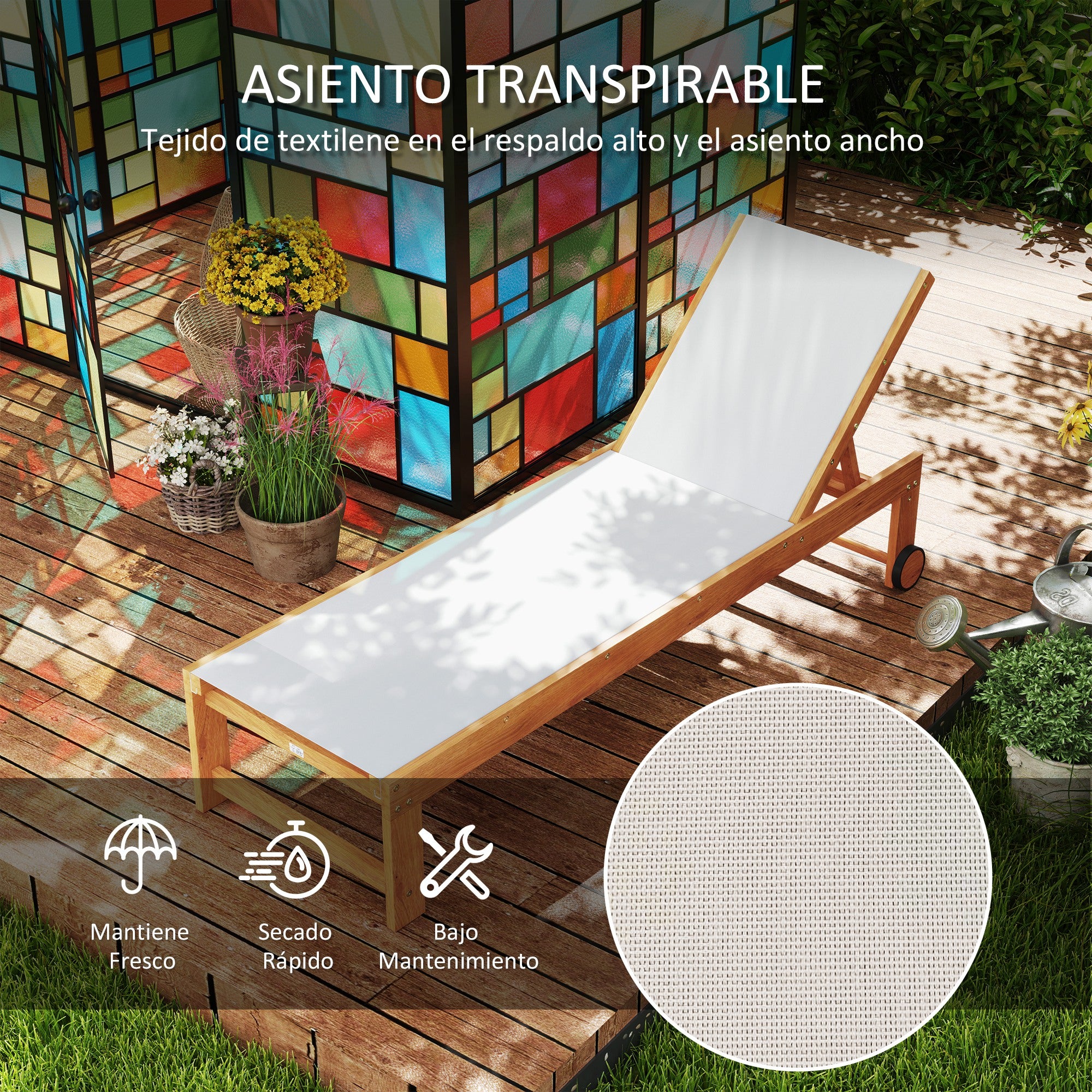 Outsunny Juego de 2 Tumbonas de Madera de Acacia Tumbonas de Jardín Exterior con Ruedas Respaldo Ajustable en 4 Niveles Carga 160 kg para Patio Terraza Balcón Teca y Gris