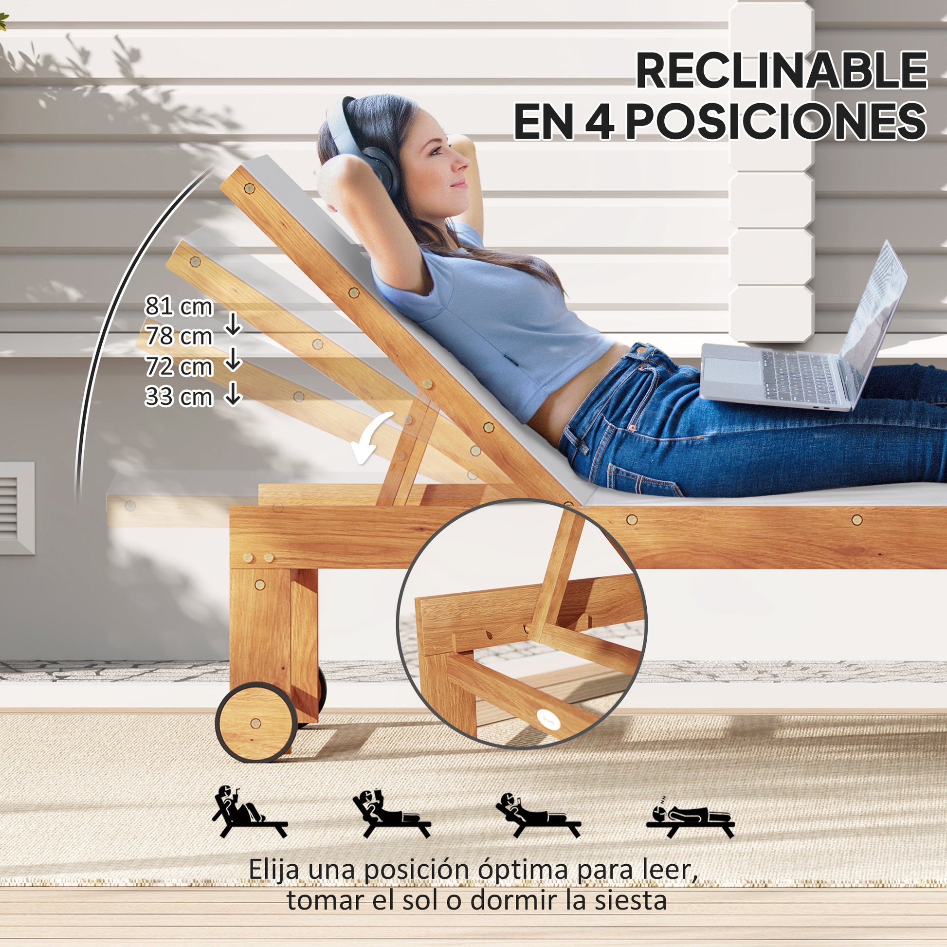 Outsunny Juego de 2 Tumbonas de Madera de Acacia Tumbonas de Jardín Exterior con Ruedas Respaldo Ajustable en 4 Niveles Carga 160 kg para Patio Terraza Balcón Teca y Gris