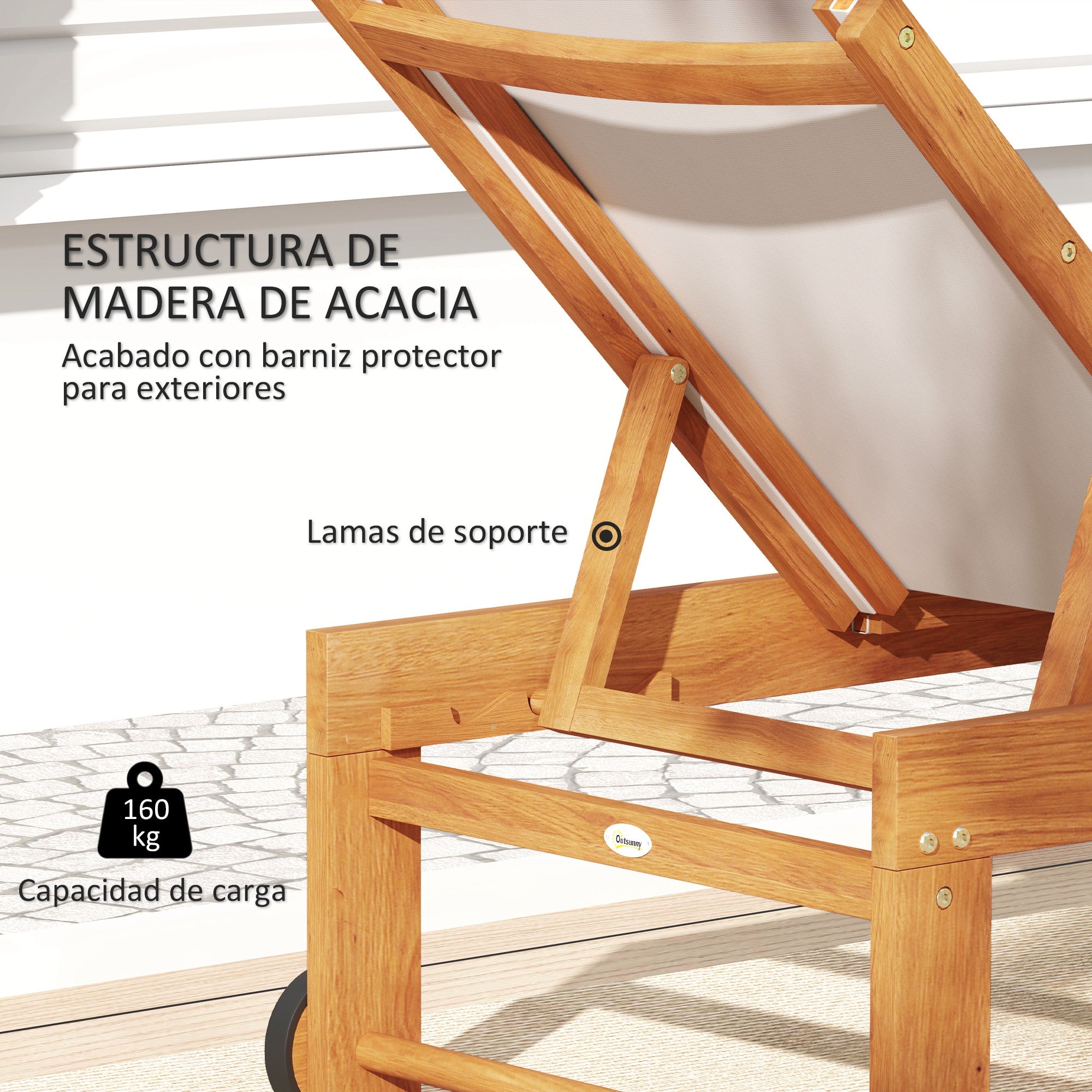 Outsunny Juego de 2 Tumbonas de Madera de Acacia Tumbonas de Jardín Exterior con Ruedas Respaldo Ajustable en 4 Niveles Carga 160 kg para Patio Terraza Balcón Teca y Gris
