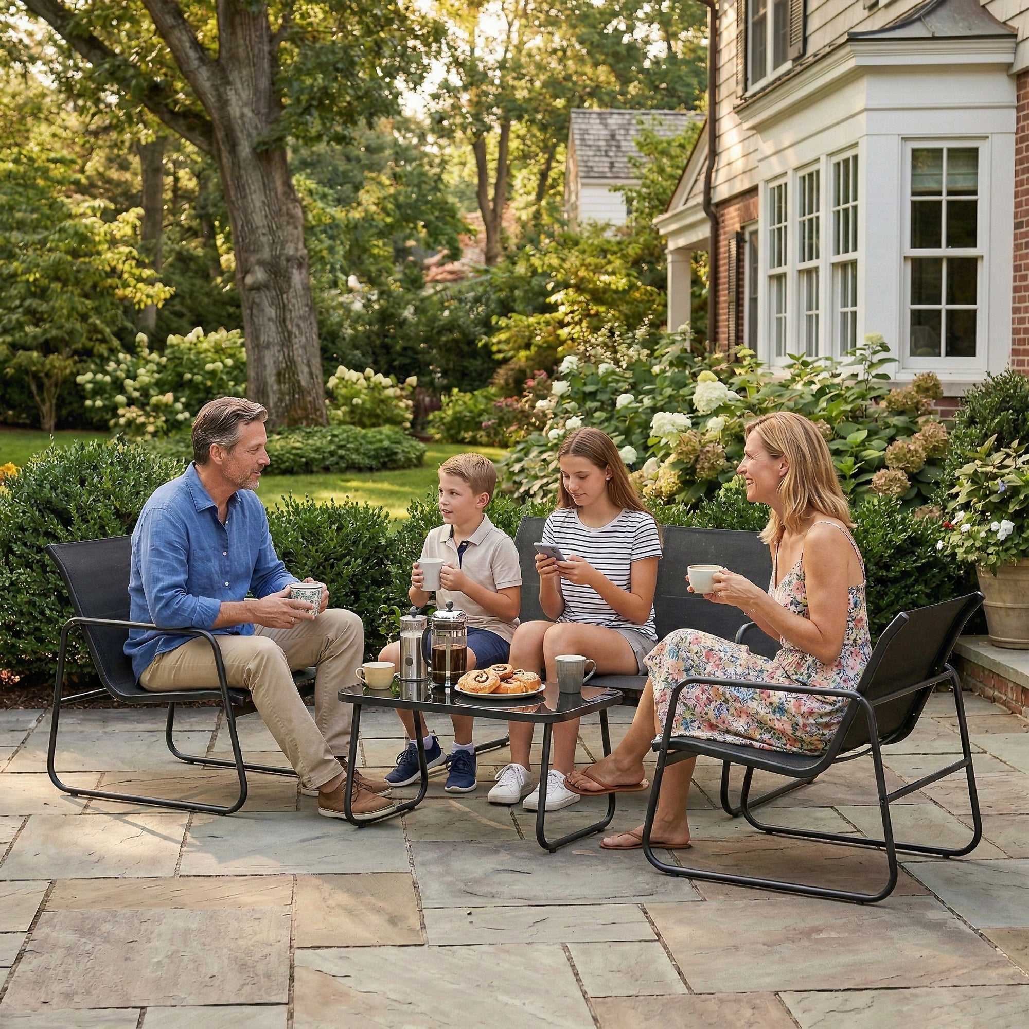 Outsunny Conjunto Jardín Exterior de 4 Piezas, Muebles Jardín Exterior con Sofá de 2 Plazas, 2 Sillones, Mesa de Vidrio Templado, Tela de Textilene Transpirable, Estructura de Acero, Gris Oscuro