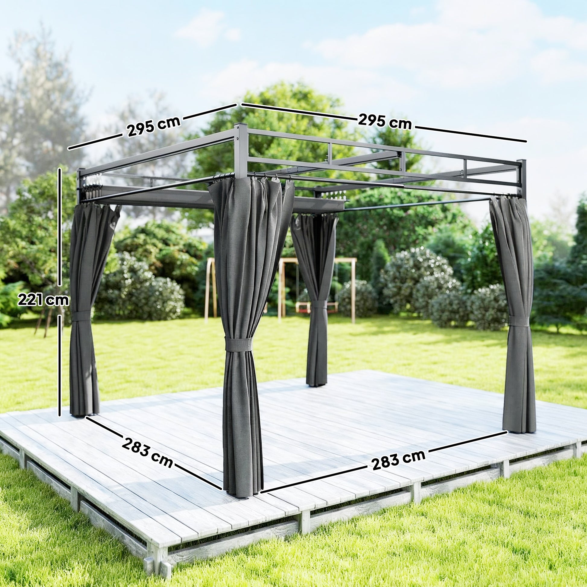 Outsunny Pérgola de Jardín 3x3 m con Techo Retráctil y 4 Cortinas, Cenador de Jardín con Protección UV30+, Impermeable, Estructura Metálica, Pabellón para Patio, Terraza, Exterior, Gris Oscuro