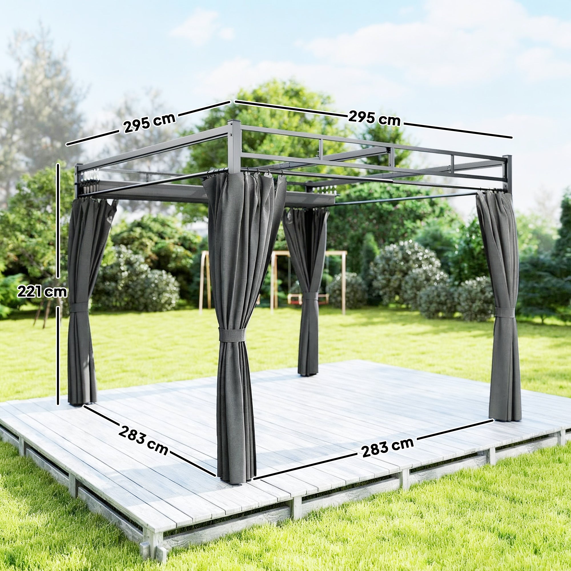 Outsunny Pérgola de Jardín 3x3 m con Techo Retráctil y 4 Cortinas, Cenador de Jardín con Protección UV30+, Impermeable, Estructura Metálica, Pabellón para Patio, Terraza, Exterior, Gris Oscuro