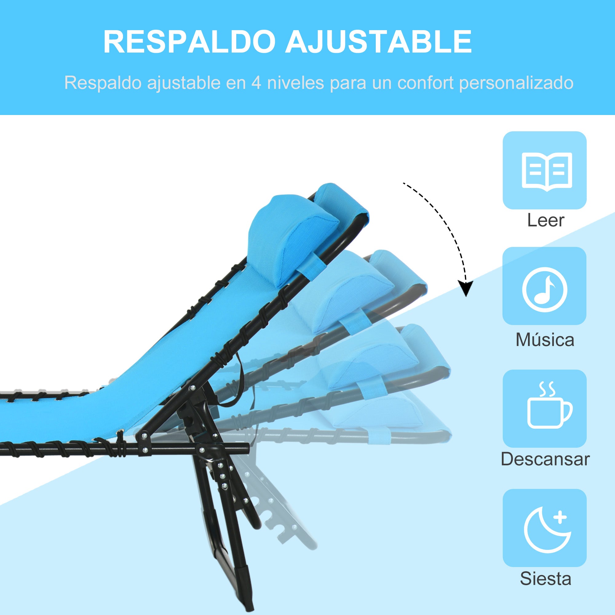 Outsunny Set de 2 Tumbonas Plegables Tumbonas Jardín Exterior con Respaldo Ajustable en 4 Posiciones Sistema de Cordones Marco Acero para Exterior 197x58x30 cm Azul Claro