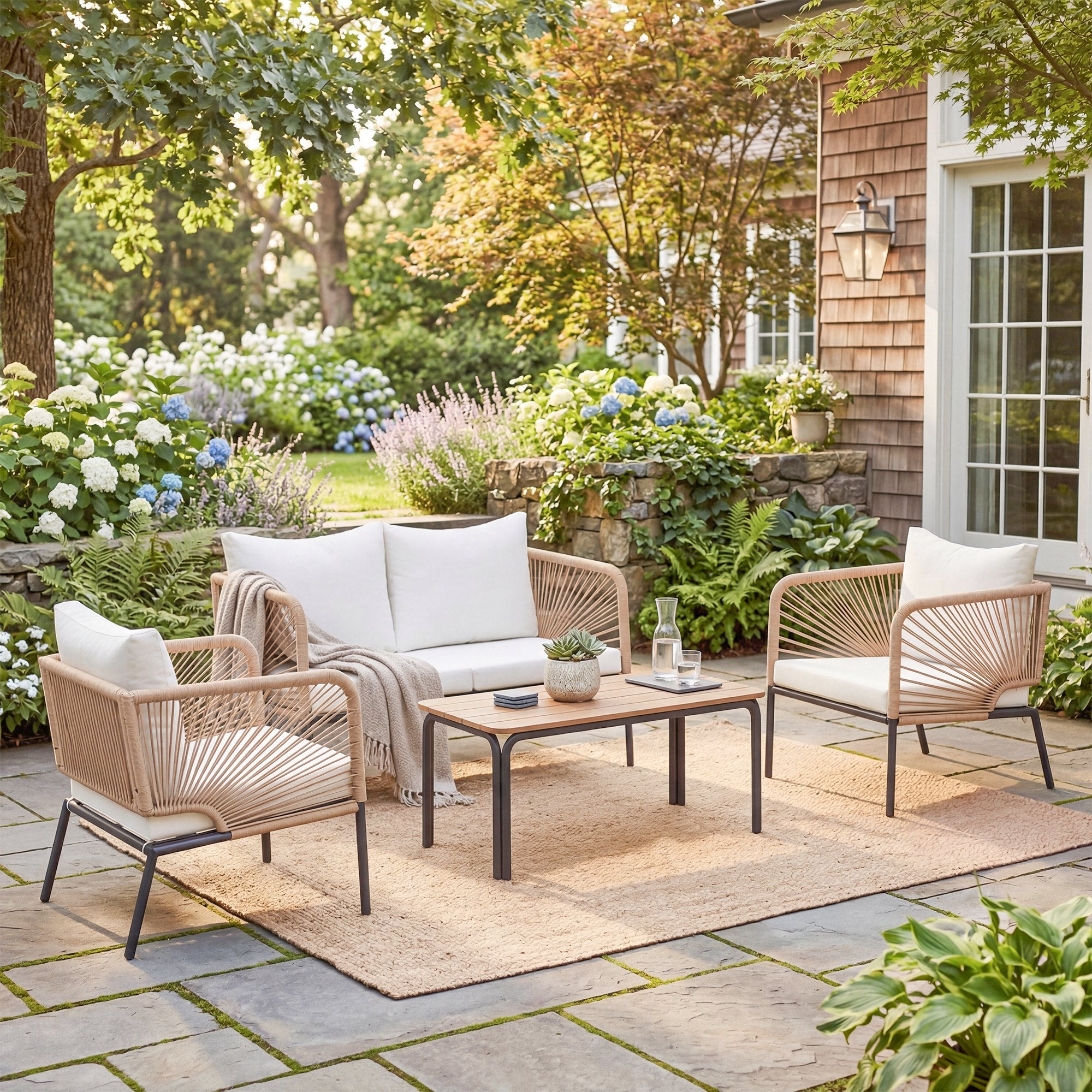Outsunny Conjunto Jardín Exterior de 4 Piezas, Muebles Jardín Exterior con Sofá de 2 Plazas, 2 Sillones, Mesa de WPC, Ratán PE Tipo Cuerda, Cojines Acolchados y Marco de Metal para Terraza, Blanco