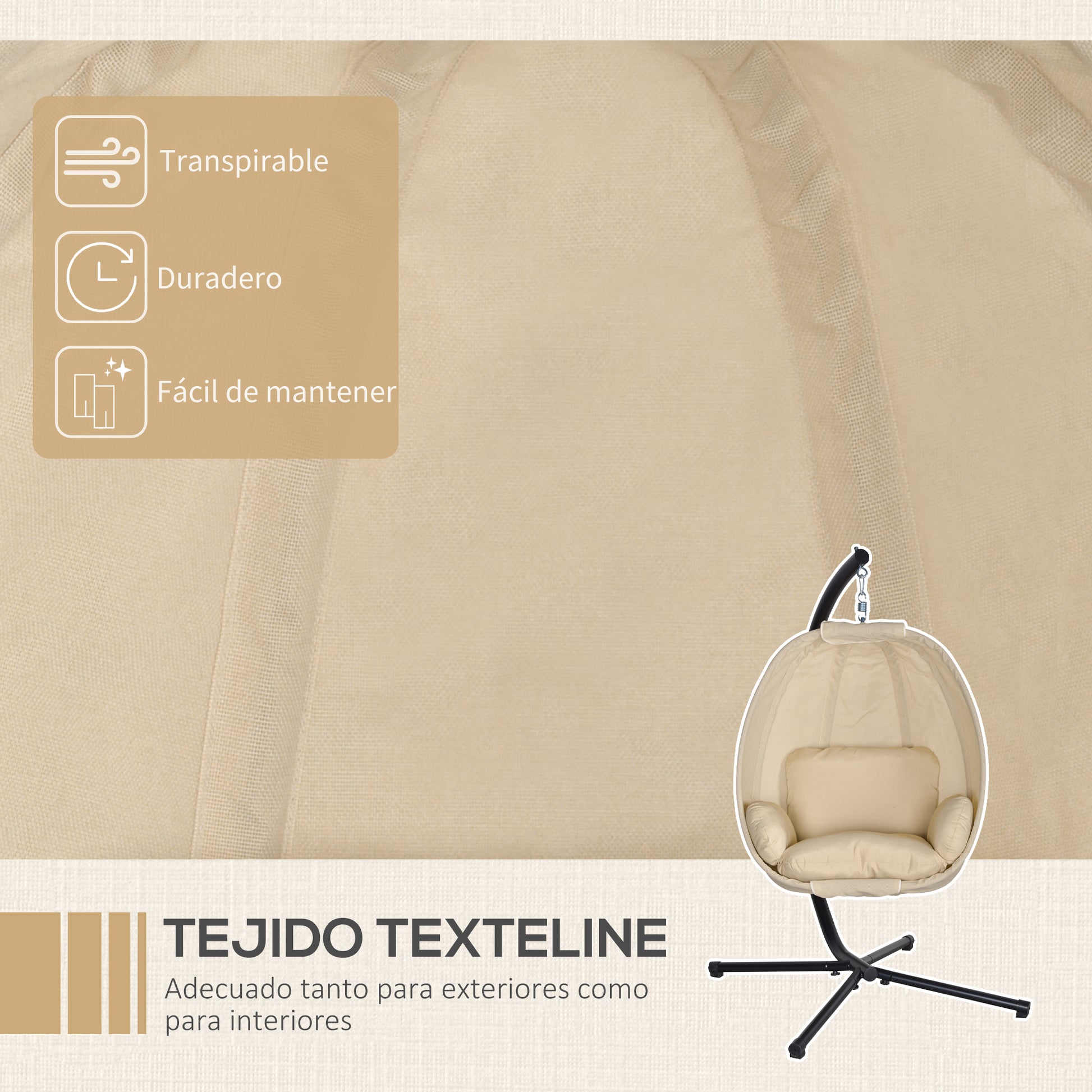 Outsunny Silla Colgante Huevo con Soporte Columpio Jardín Exterior con Cesta Plegable y Cojín Columpio Colgante para Interior y Exterior Carga 120 kg Caqui
