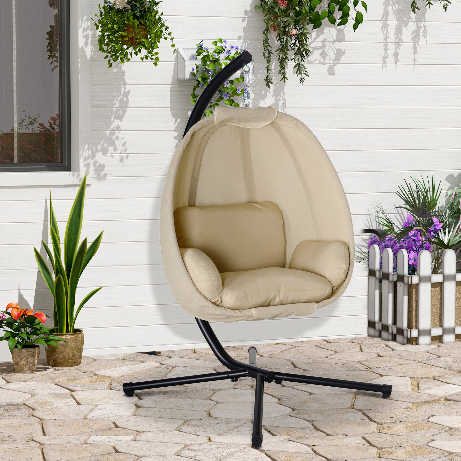 Outsunny Silla Colgante Huevo con Soporte Columpio Jardín Exterior con Cesta Plegable y Cojín Columpio Colgante para Interior y Exterior Carga 120 kg Caqui