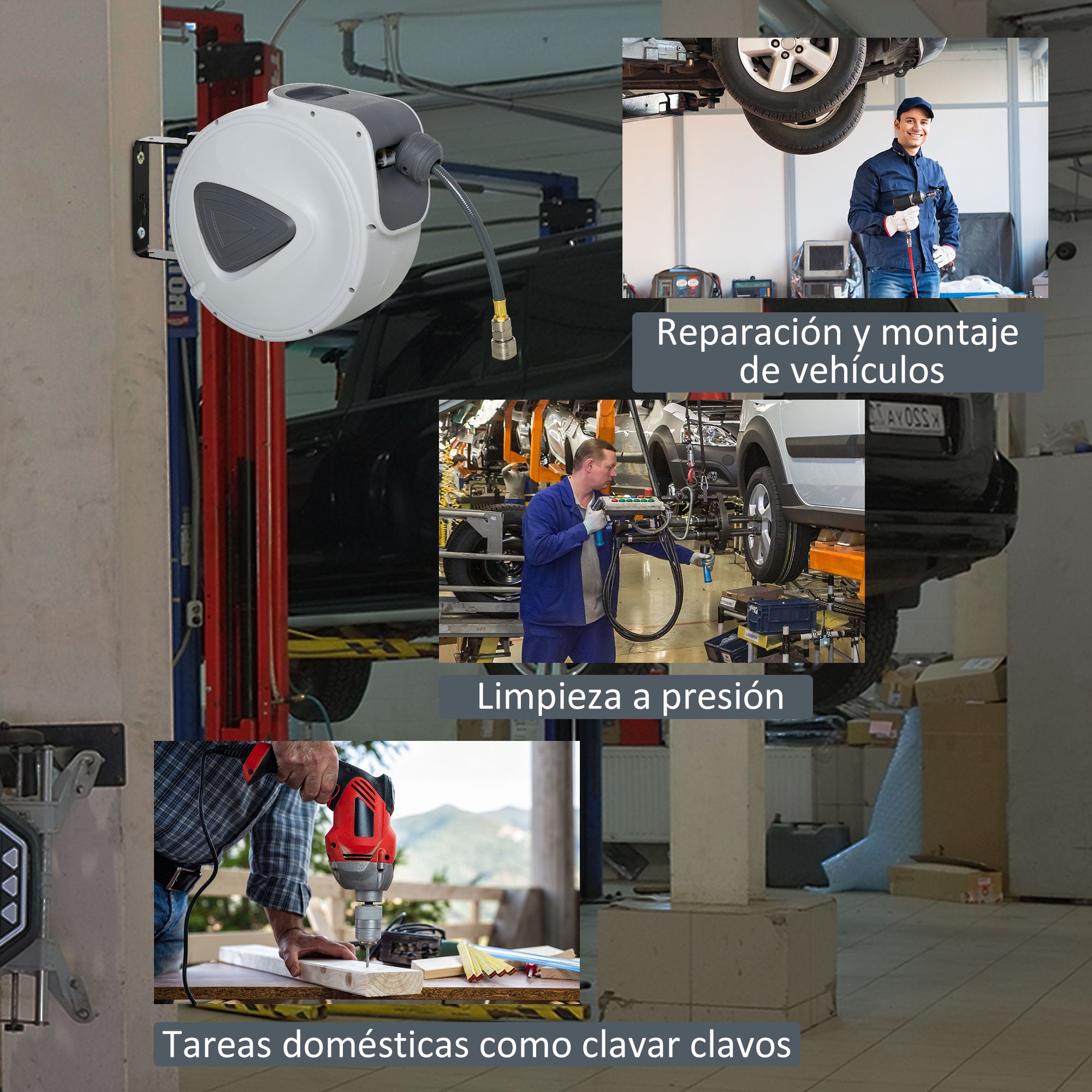 DURHAND Carrete de Manguera de Aire Comprimido Automático de 10 m Conector de 1/4'' BSP con Soporte para Pared Giratorio 180° Diámetro Interno 8x12 mm Gris