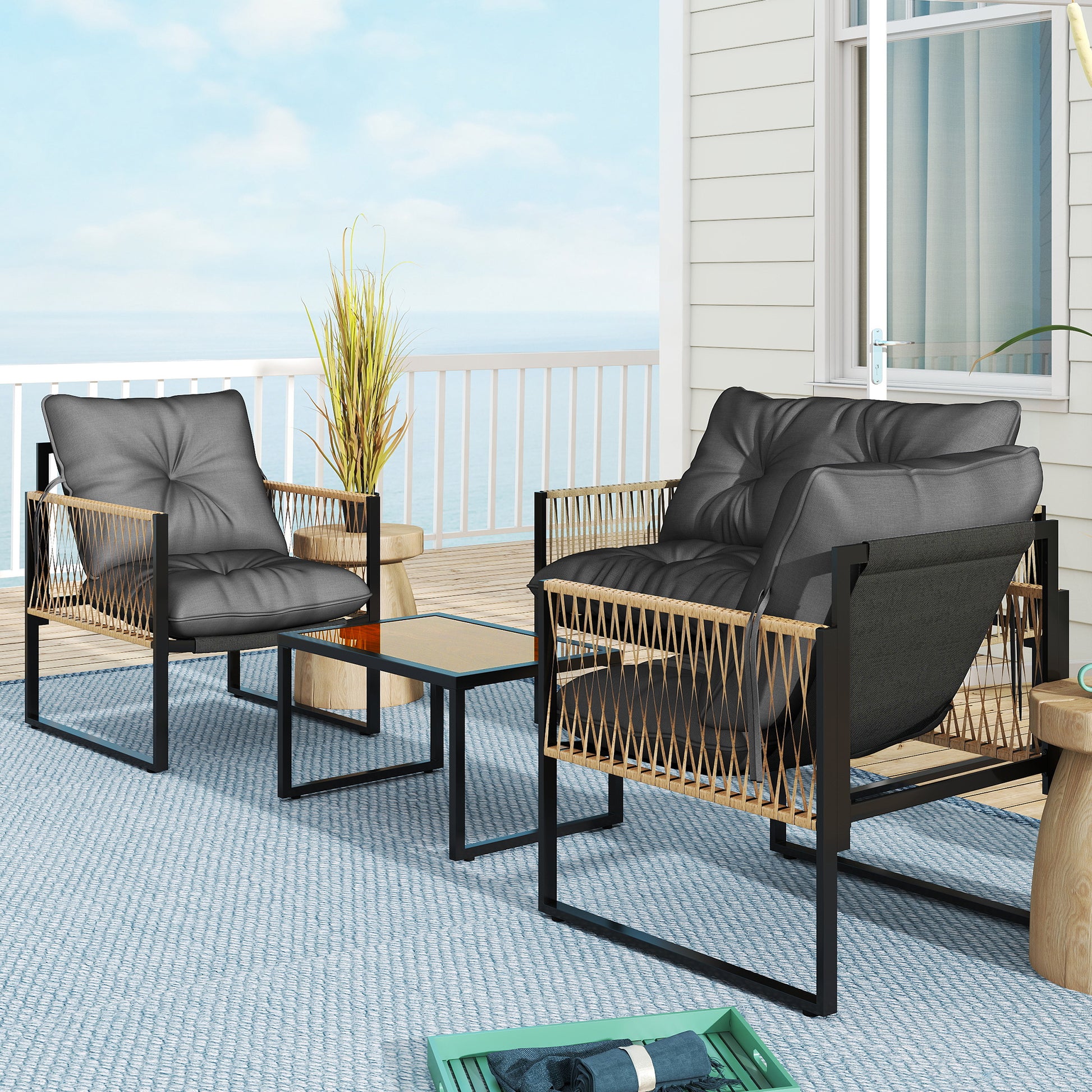 Outsunny Conjunto Jardín Exterior de Ratán, Muebles Jardín Exterior para 4 Piezas, Muebles Terraza con 1 Sofá de 2 Plazas, 2 Sillones, Cojines y 1 Mesa de Tablero de Vidrio, para Patio, Gris y Marrón