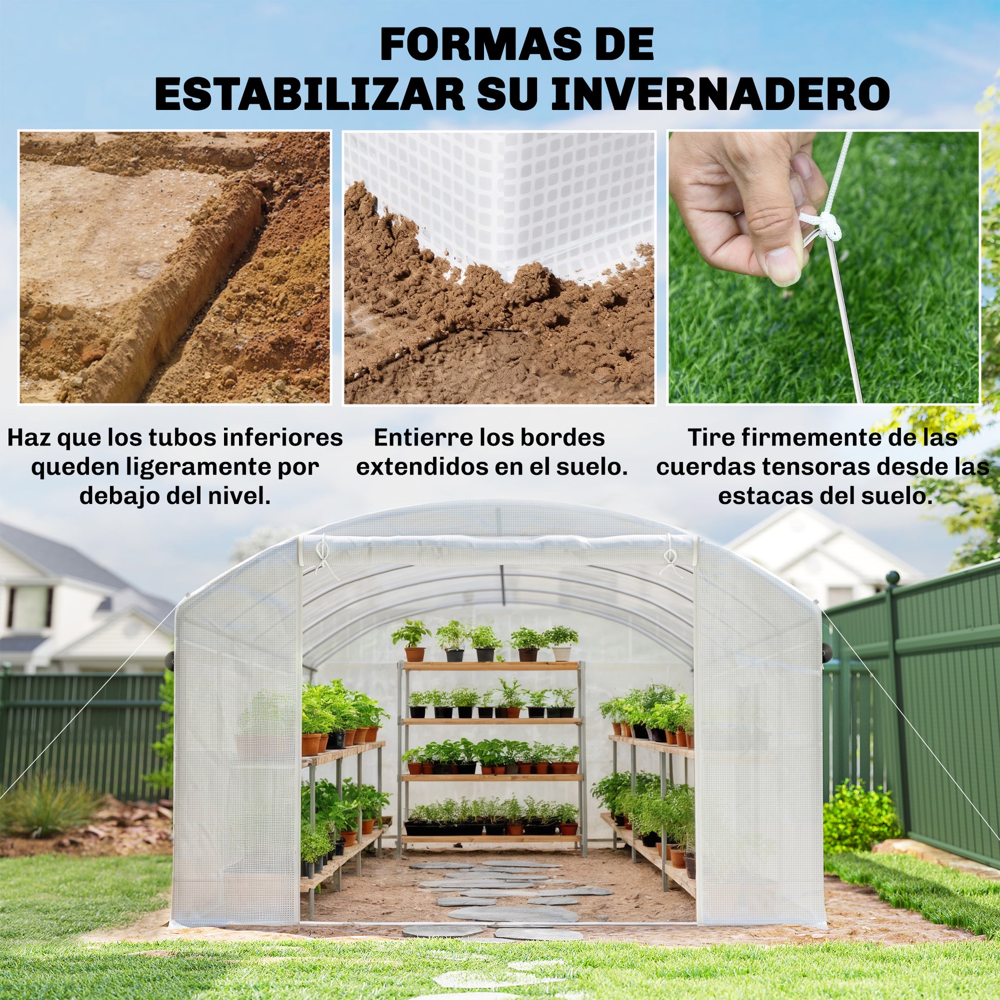 Outsunny Invernadero de Exterior 6x3x2 m, Invernadero de Túnel con 3 Puertas Enrollables, Ventanas de Malla, Cubierta PE 140g/m² Anti-UV y Marco de Acero Galvanizado, para Cultivos, Plantas, Blanco