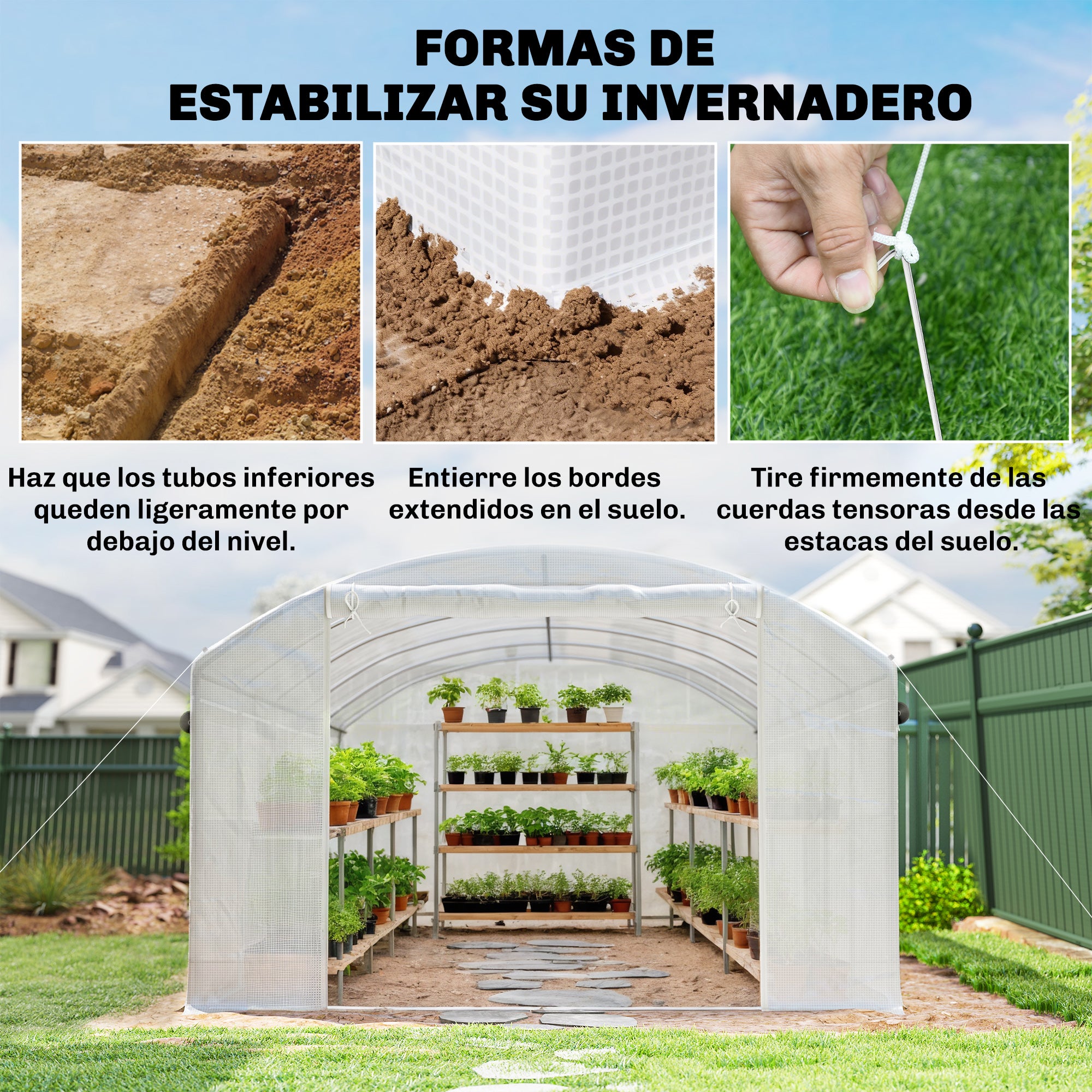 Outsunny Invernadero de Exterior 6x3x2 m, Invernadero de Túnel con 3 Puertas Enrollables, Ventanas de Malla, Cubierta PE 140g/m² Anti-UV y Marco de Acero Galvanizado, para Cultivos, Plantas, Blanco