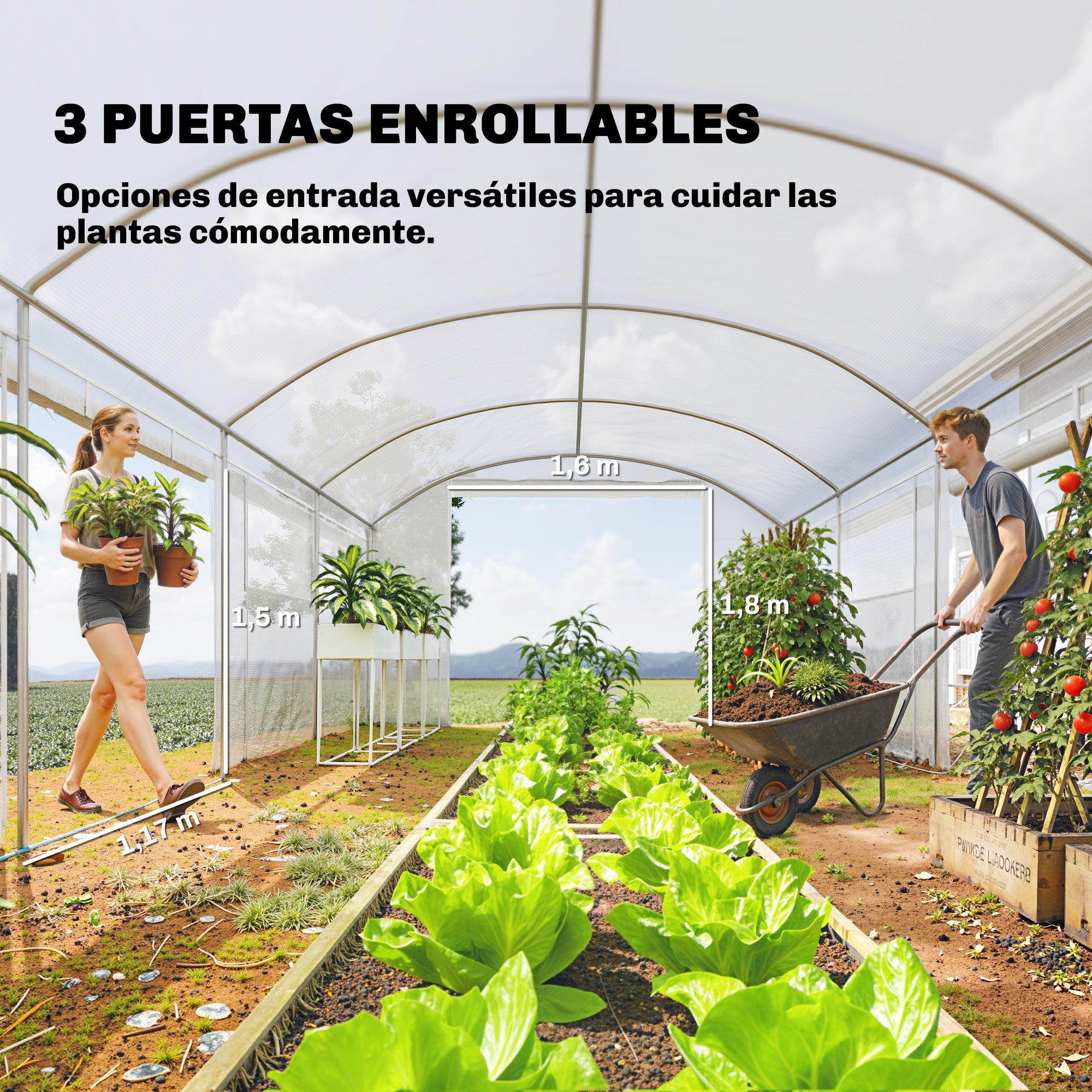 Outsunny Invernadero de Exterior 6x3x2 m, Invernadero de Túnel con 3 Puertas Enrollables, Ventanas de Malla, Cubierta PE 140g/m² Anti-UV y Marco de Acero Galvanizado, para Cultivos, Plantas, Blanco