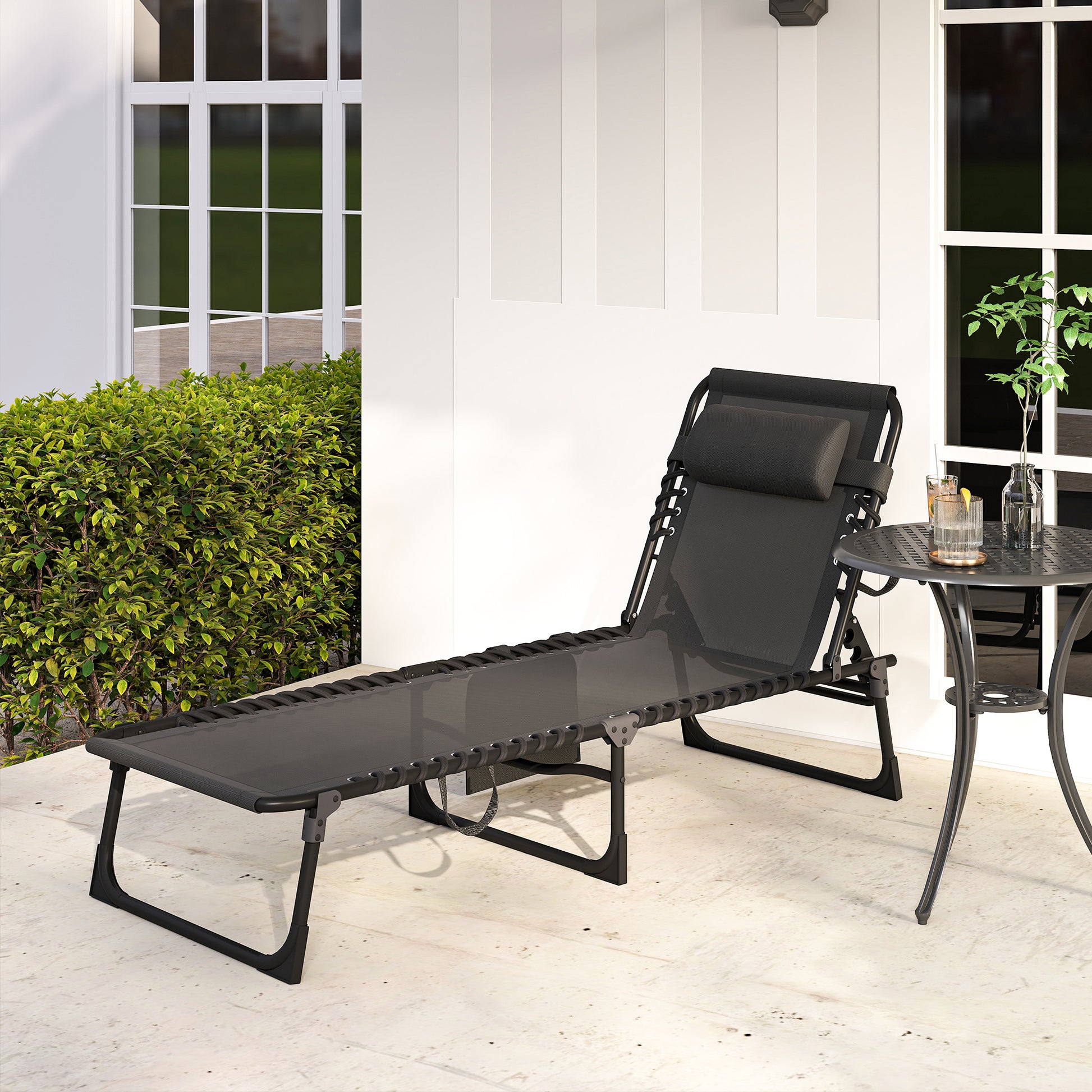 Outsunny Tumbona Plegable, Tumbona Jardín Exterior Reclinable 5 Posiciones, con Reposacabezas Acolchado, Bolsillo Lateral y Estructura de Acero, para Terraza, Piscina, 189x58x30 cm, Negro