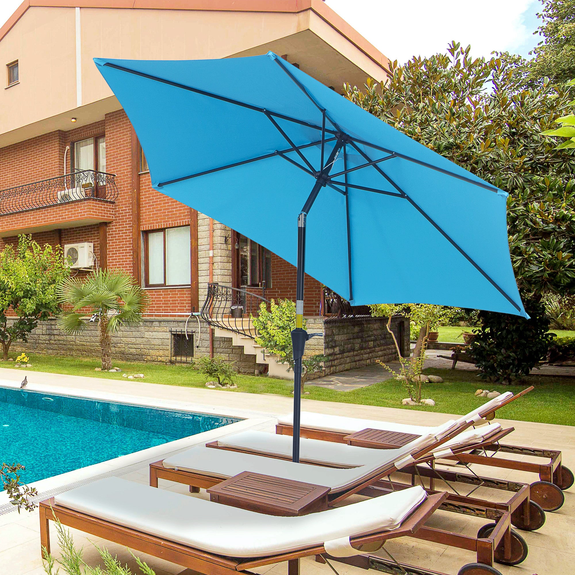 Outsunny Sombrilla de Jardín, Ø260x235 cm, Parasol de Jardín Reclinable con Manivela, Poste Desmontable de Aluminio y 6 Varillas de Metal, para Terraza, Exterior, Balcón, Azul