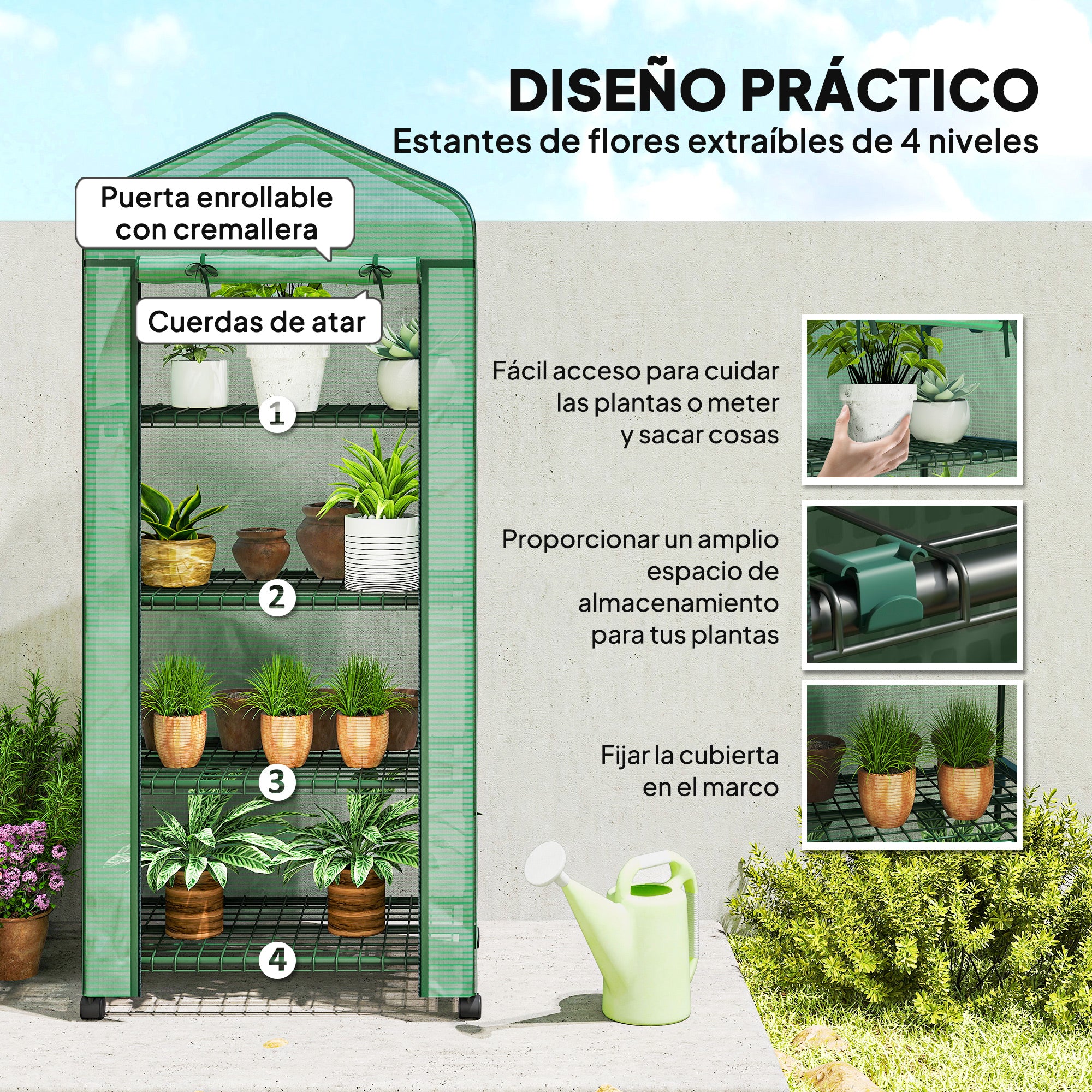Outsunny Invernadero de Exterior con 4 Estantes y Ruedas, Invernadero de Jardín con Puerta Enrollable, Marco de Acero y Cubierta PE 140g/㎡ Anti-UV, Impermeable para Terraza, Patio, 70x50x165 cm, Verde