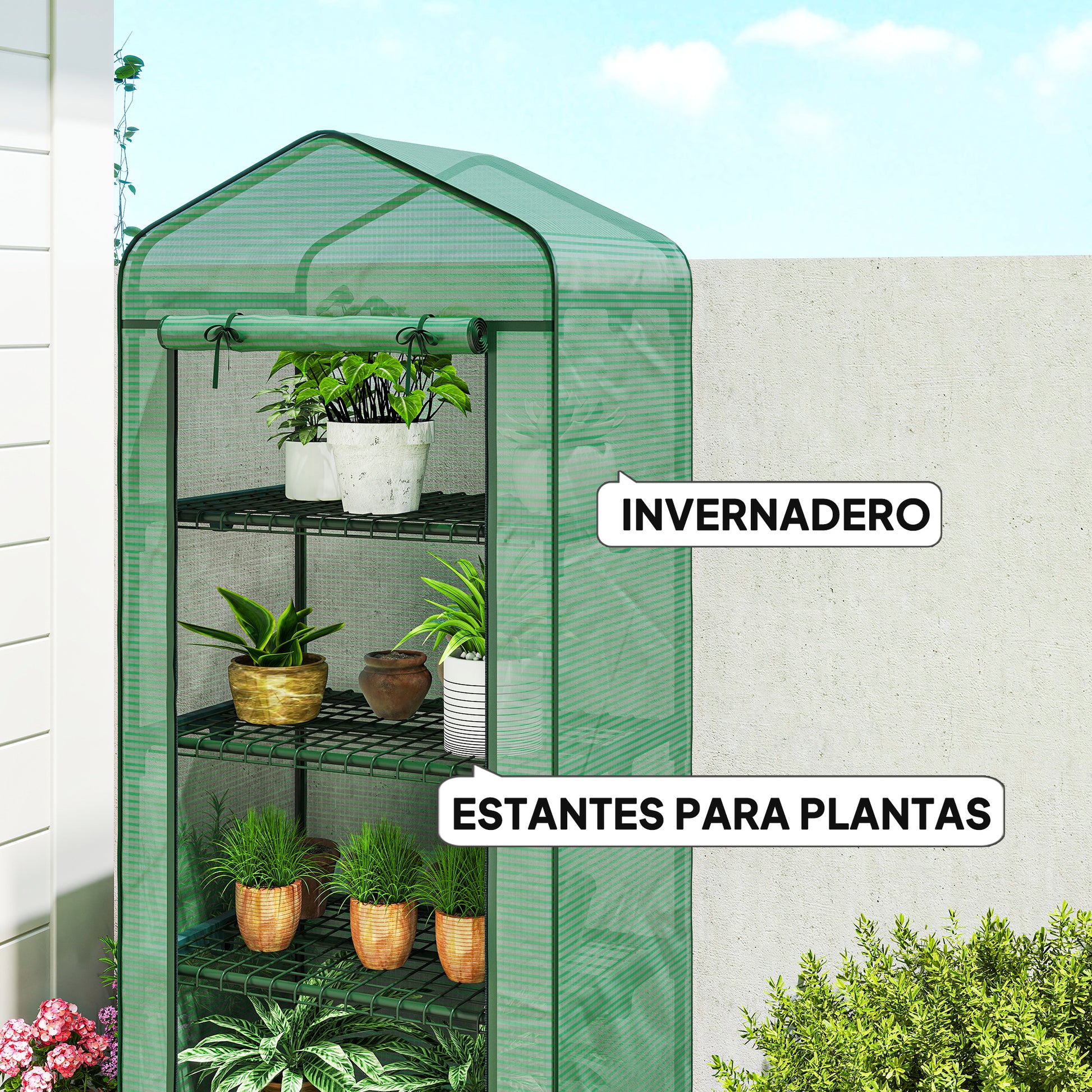 Outsunny Invernadero de Exterior con 4 Estantes y Ruedas, Invernadero de Jardín con Puerta Enrollable, Marco de Acero y Cubierta PE 140g/㎡ Anti-UV, Impermeable para Terraza, Patio, 70x50x165 cm, Verde