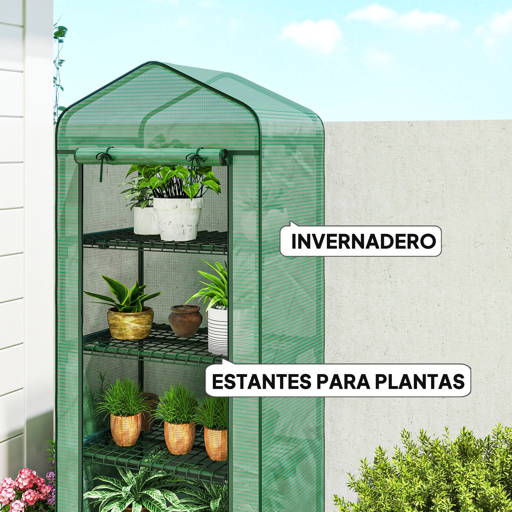 Outsunny Invernadero de Exterior con 4 Estantes y Ruedas, Invernadero de Jardín con Puerta Enrollable, Marco de Acero y Cubierta PE 140g/㎡ Anti-UV, Impermeable para Terraza, Patio, 70x50x165 cm, Verde