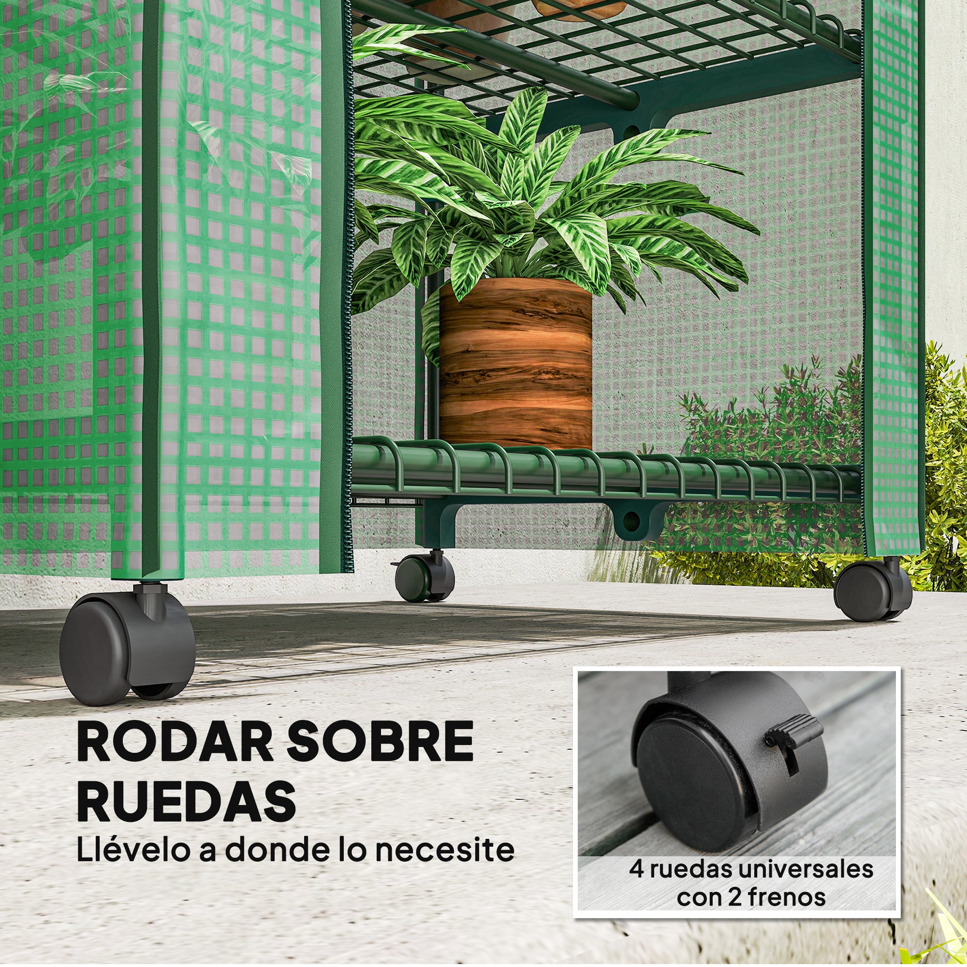 Outsunny Invernadero de Exterior con 4 Estantes y Ruedas, Invernadero de Jardín con Puerta Enrollable, Marco de Acero y Cubierta PE 140g/㎡ Anti-UV, Impermeable para Terraza, Patio, 70x50x165 cm, Verde