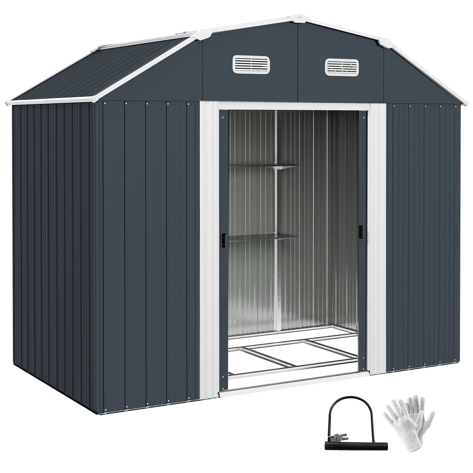 Outsunny Cobertizo de Jardín Exterior 2,7 m² 238x132x198,5 cm Caseta de Exterior Metálica con Base Estantes Ajustables 2 Puertas Corredizas y 2 Ventanas Gris Oscuro
